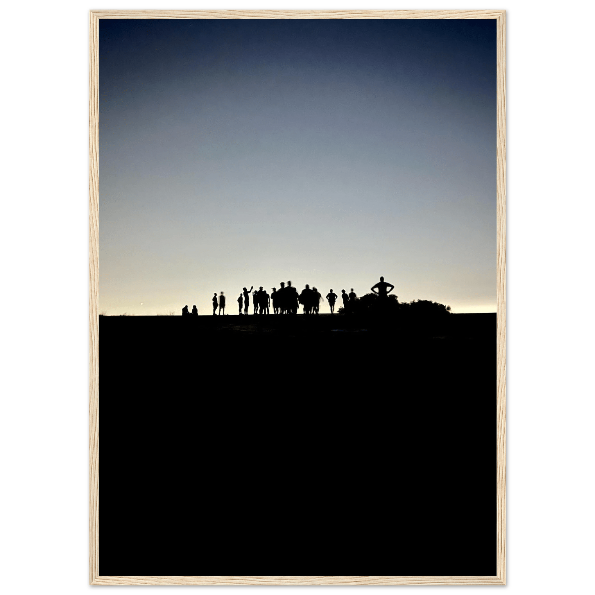 Black and white framed poster of Hollywood Hills at night with mystical city lights, California-themed art from the Summer Hike series.