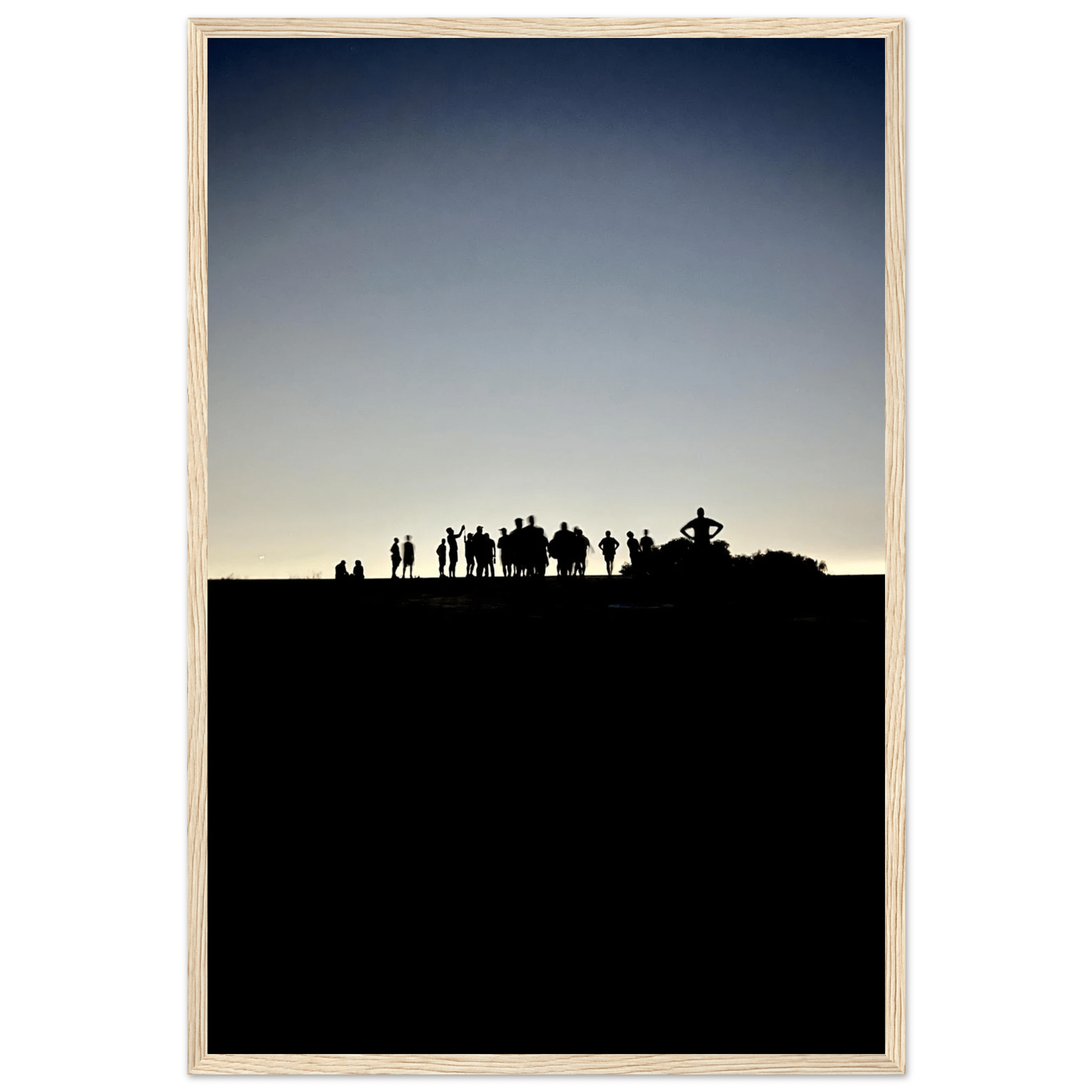 Black and white framed poster of Hollywood Hills at night with city lights, part of the Summer Hike California art series.