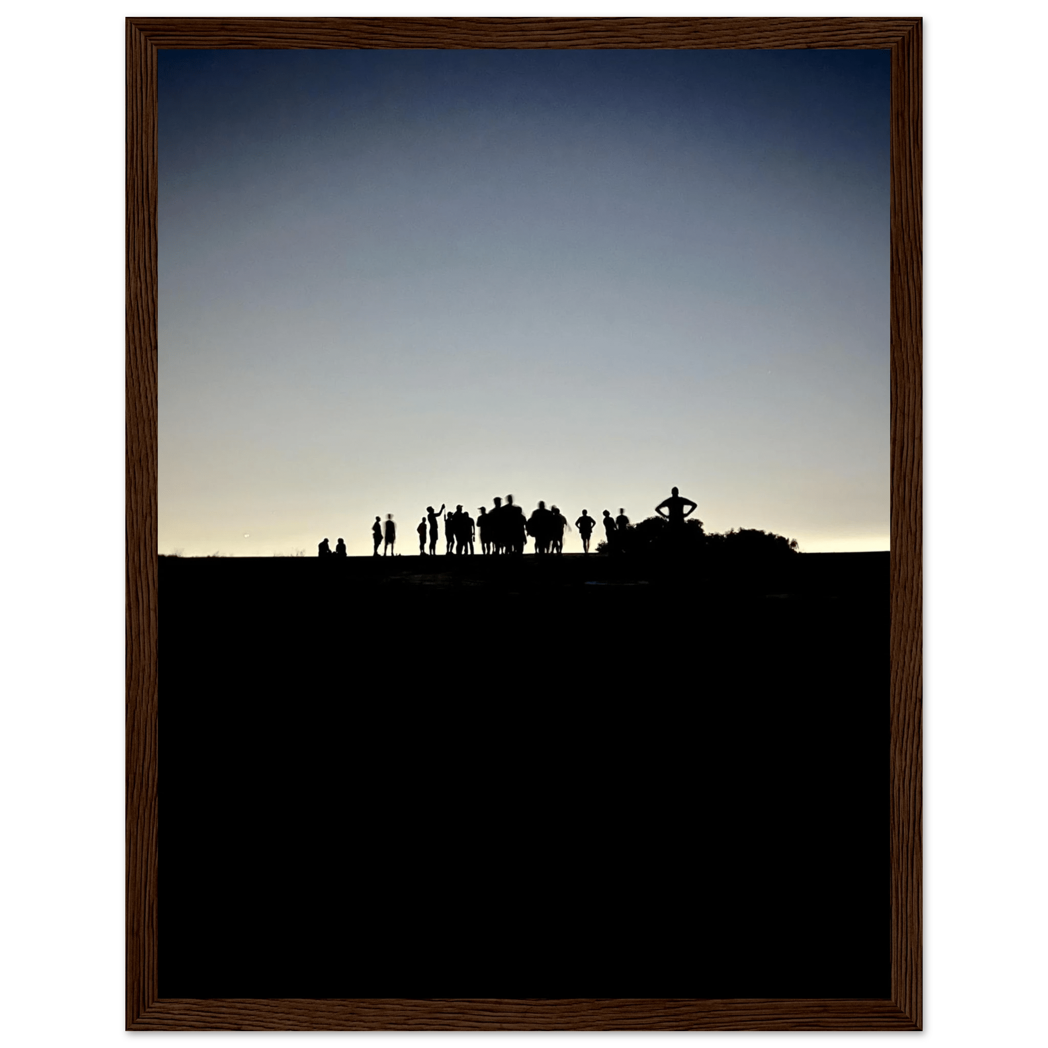 Black and white framed print of Hollywood Hills and city lights, showcasing California poster art from the Summer Hike series.