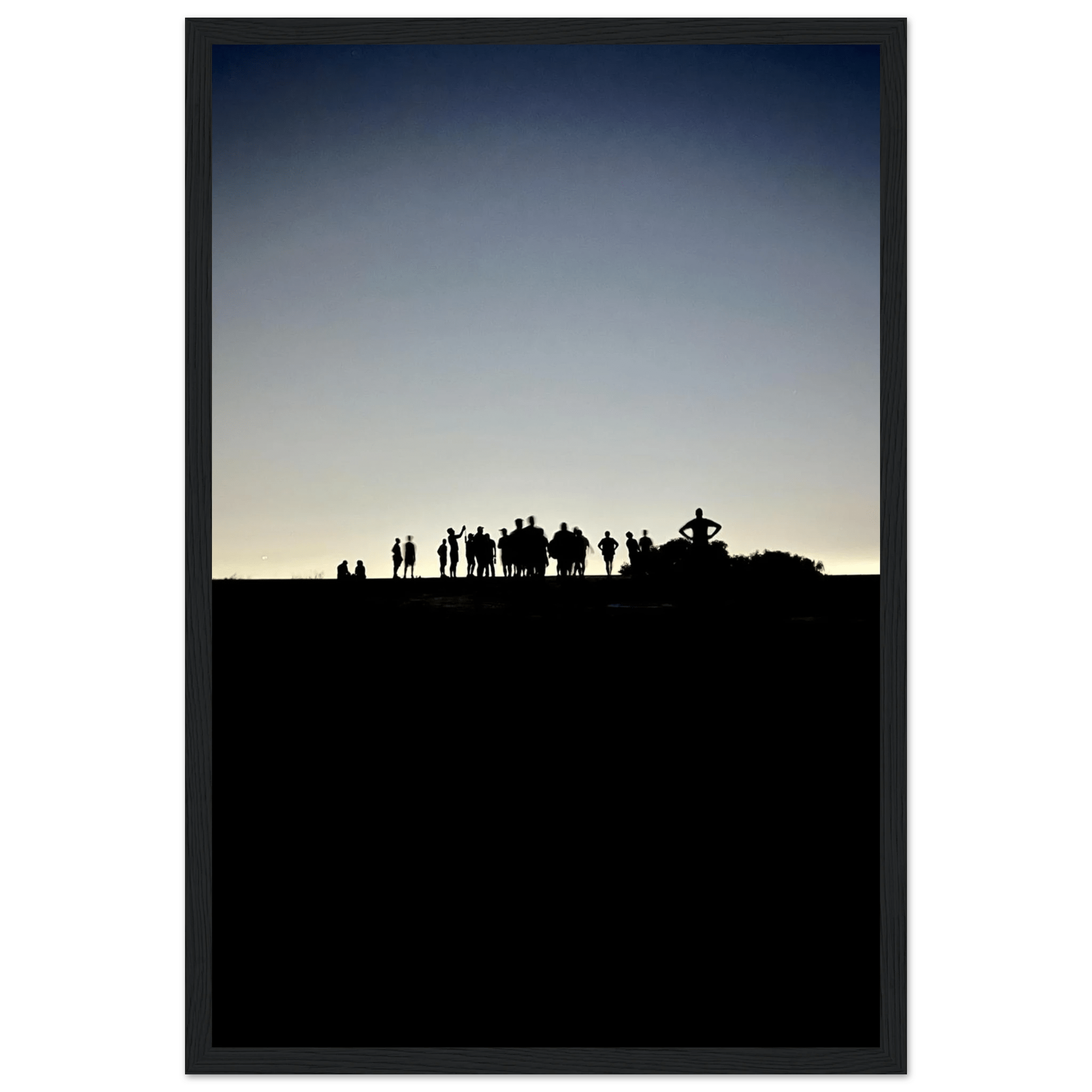Black and white framed poster of Hollywood Hills with city lights, featuring California scenery from the Summer Hike series.