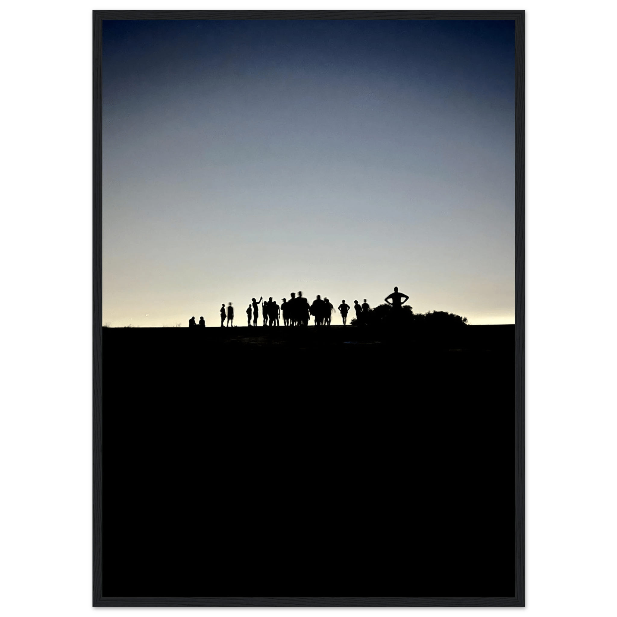 Framed black and white Hollywood Hills poster featuring mystical city lights, California landscape art from the Summer Hike series.