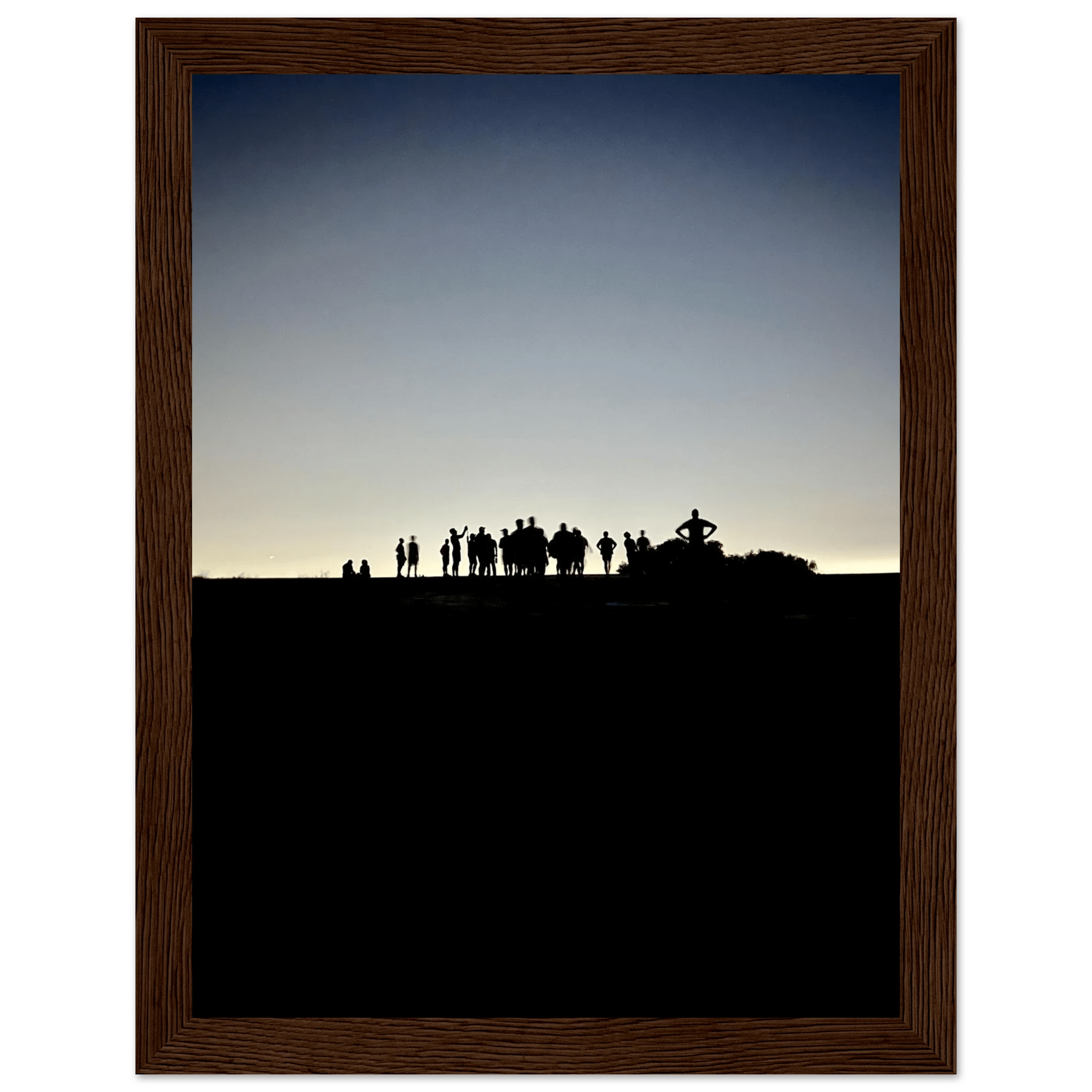 Framed poster of Hollywood Hills with city lights, black and white California art print from the Summer Hike series.