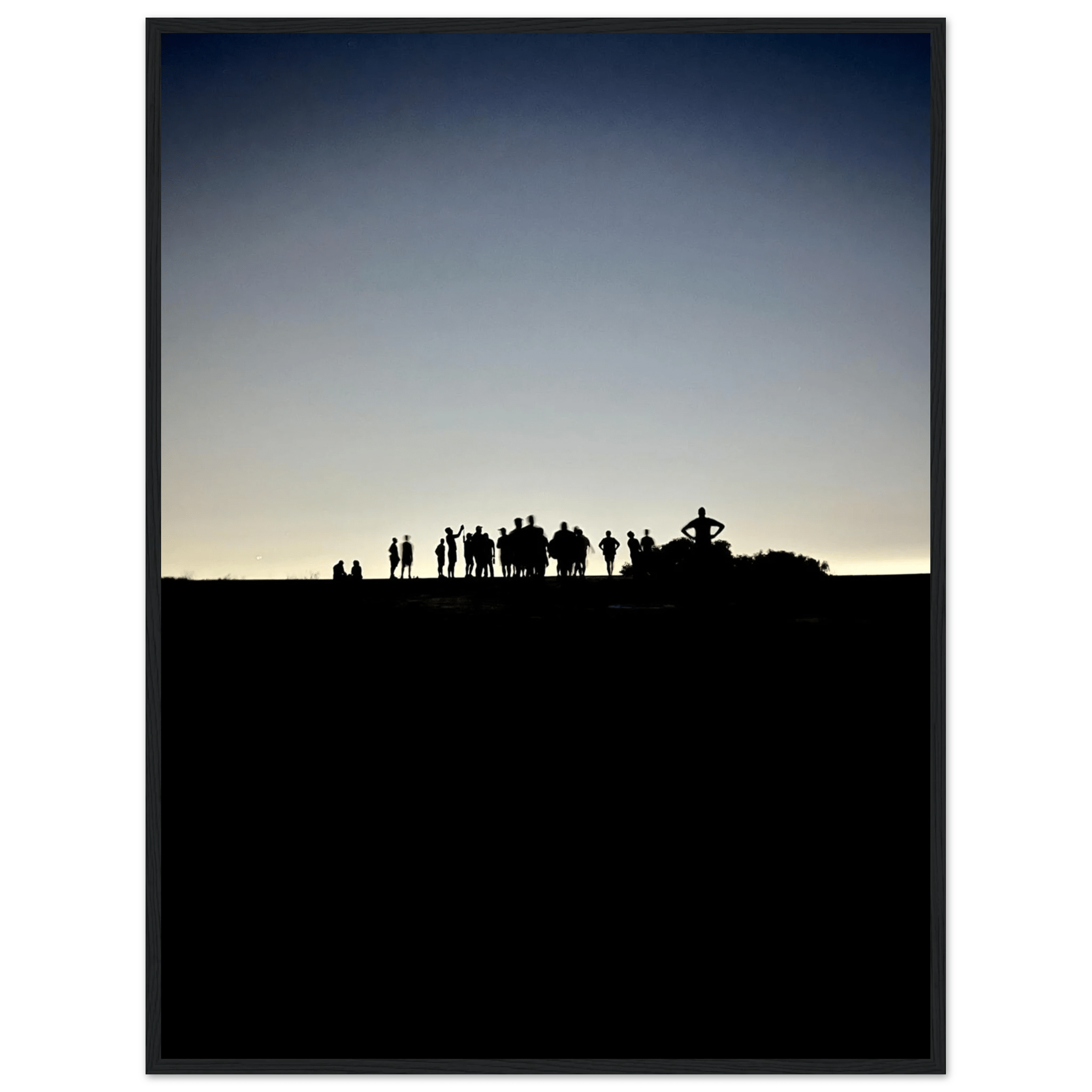 Black and white framed poster of Hollywood Hills with mystical city lights, California art from the Summer Hike series.