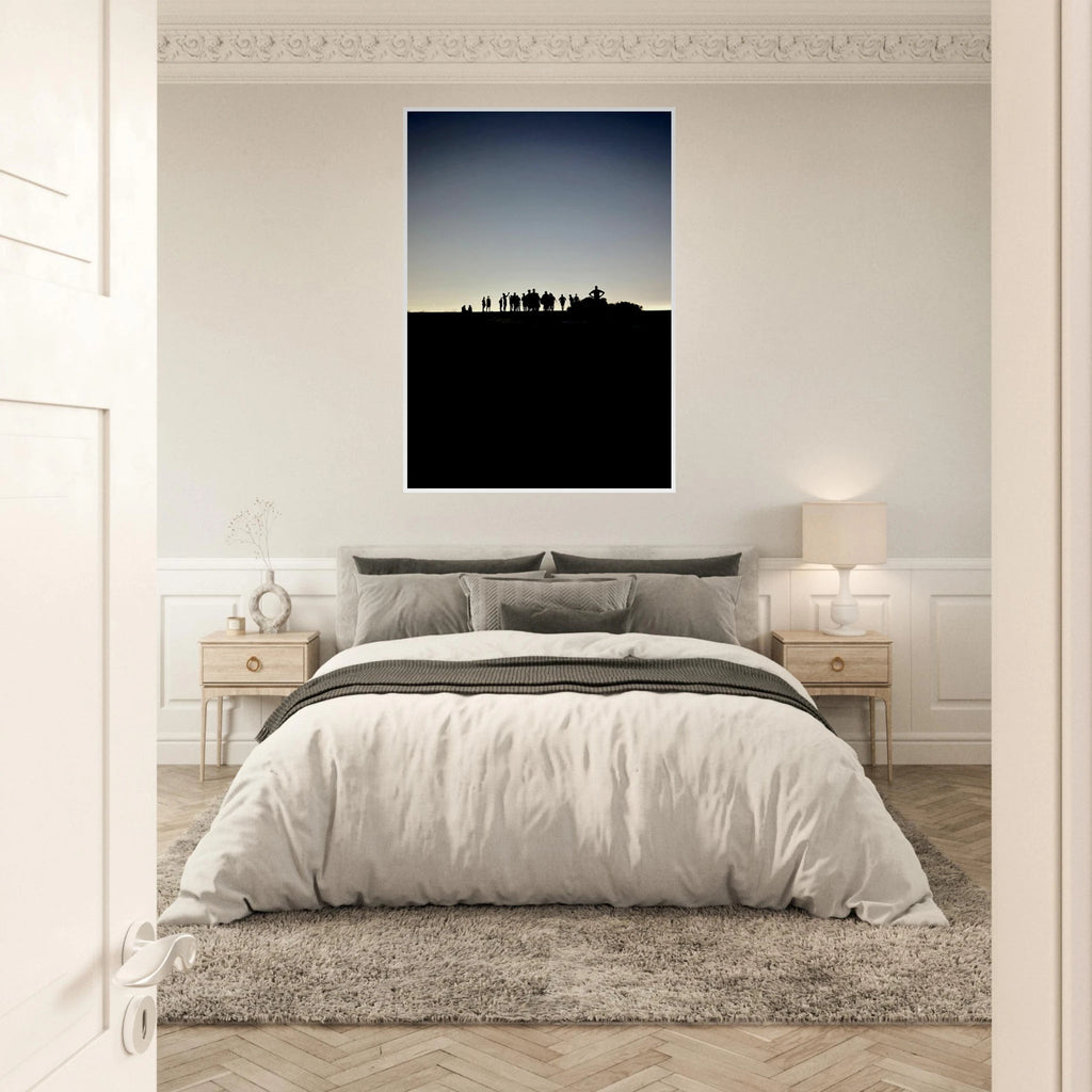 Black and white framed print of Hollywood Hills with city lights, part of the Summer Hike Hollywood Hills poster series.