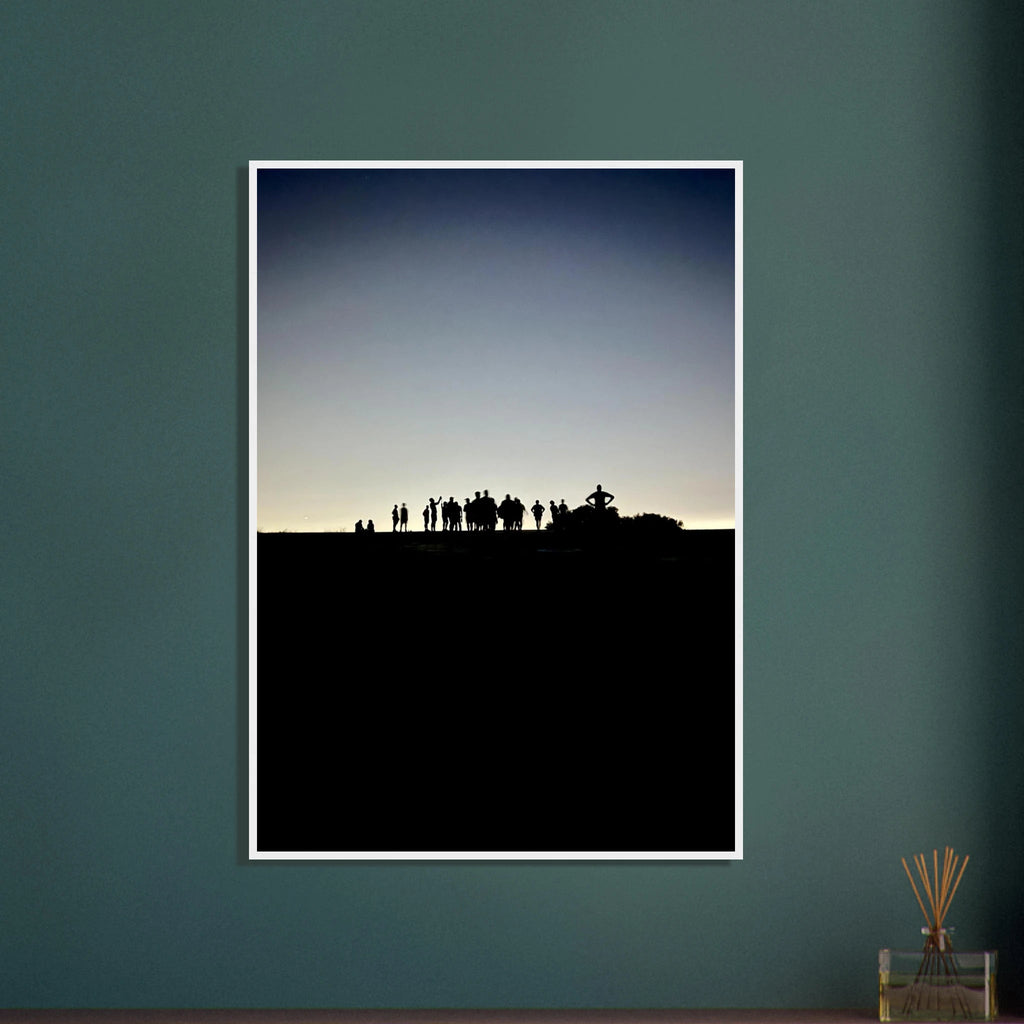 Black and white framed poster of Hollywood Hills with city lights, part of the Summer Hike California art series.