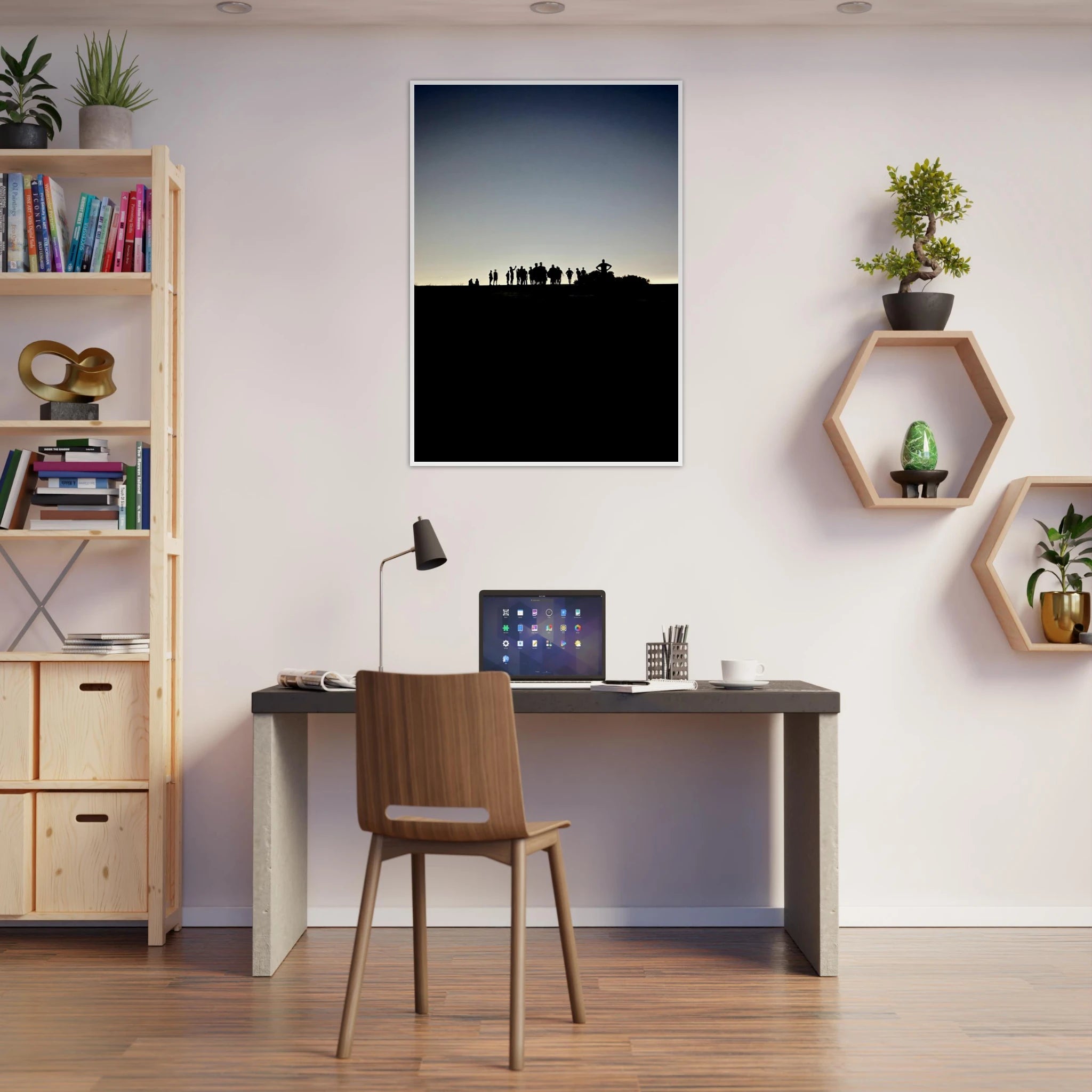 Black and white framed print of Hollywood Hills with mystical city lights, part of the Summer Hike California poster art series.