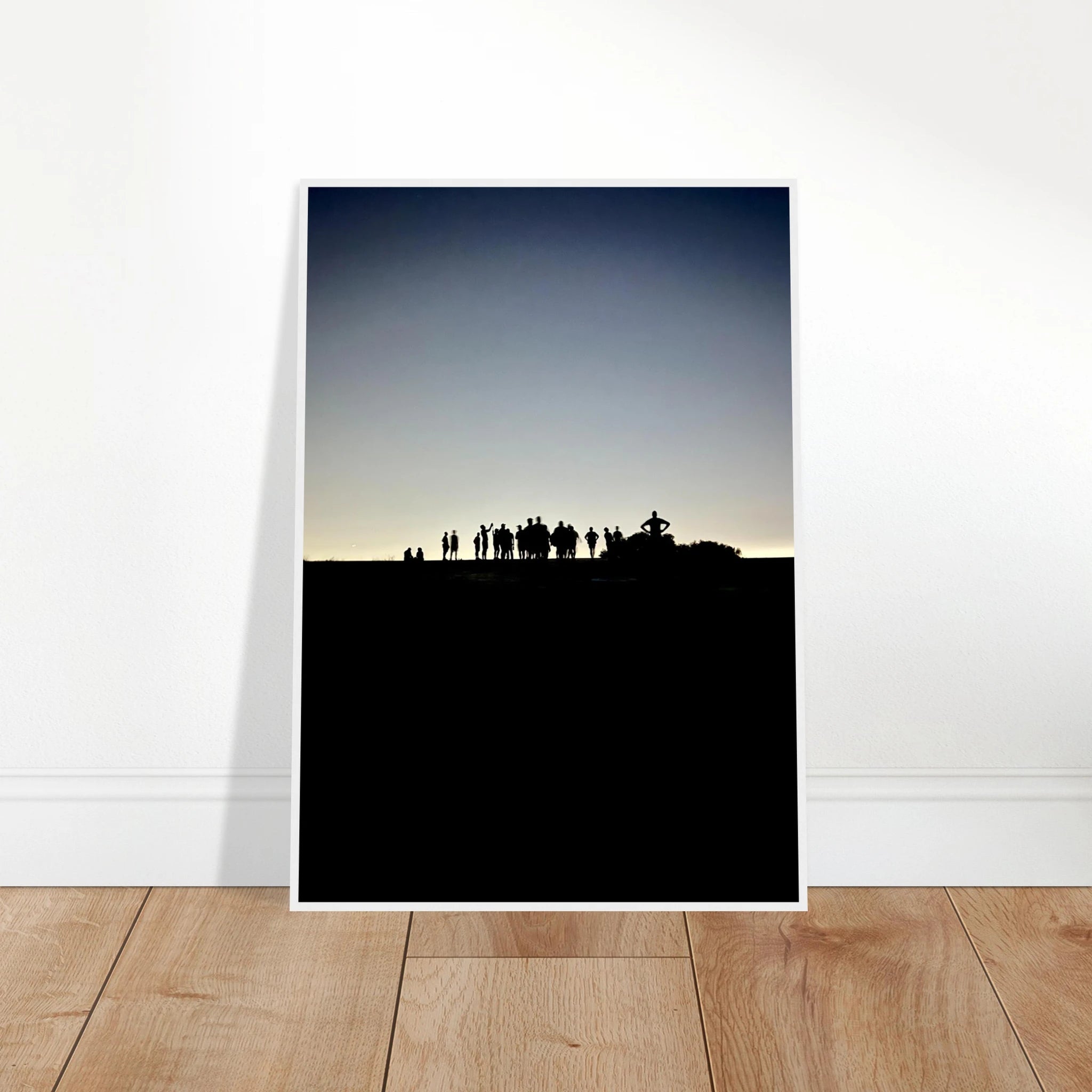 Black and white framed poster of Hollywood Hills and city lights, California landscape art from the Summer Hike series.