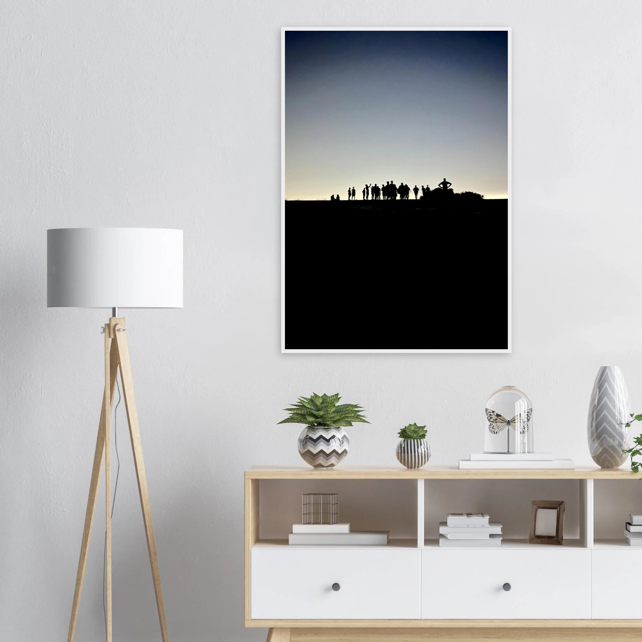 Black and white framed poster of Hollywood Hills with city lights, part of the Summer Hike California art series.