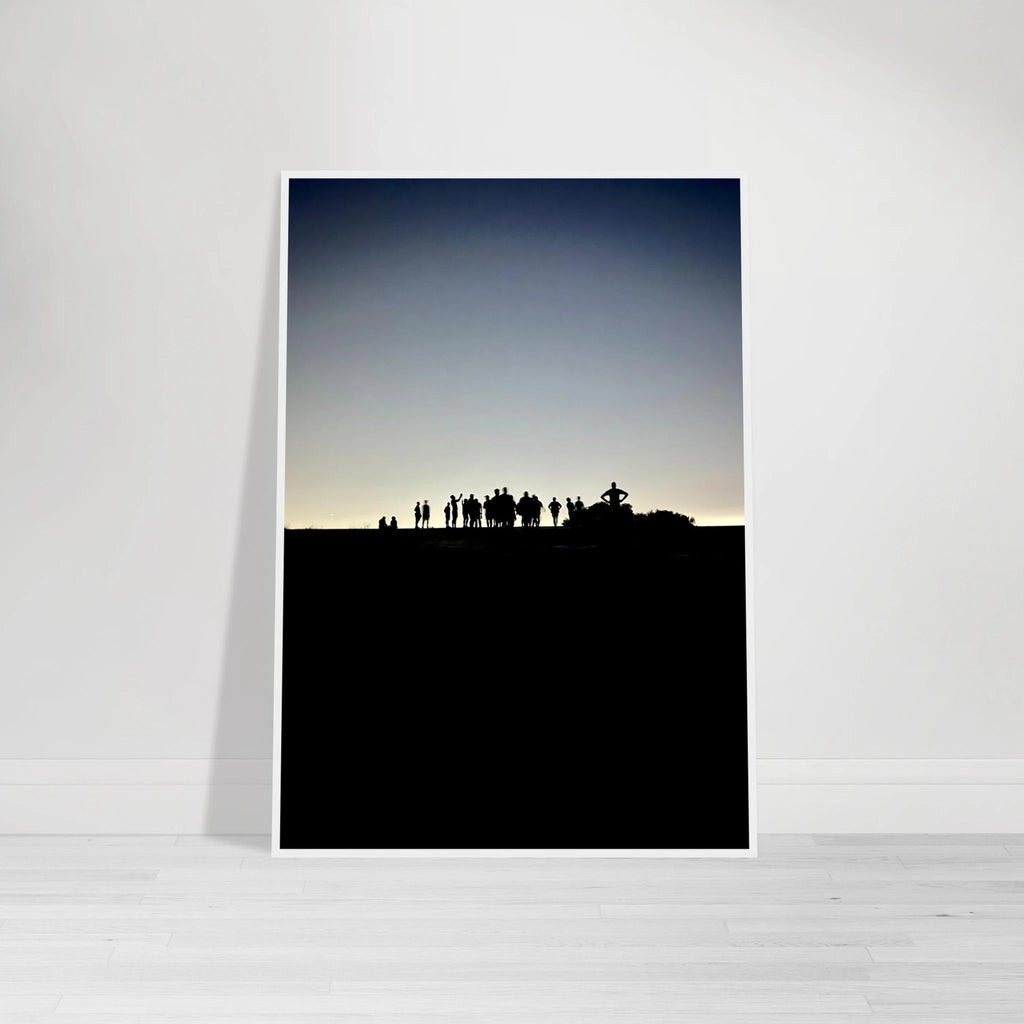 Black and white framed poster of Hollywood Hills with city lights, showcasing California skyline in a mystical, artistic print.