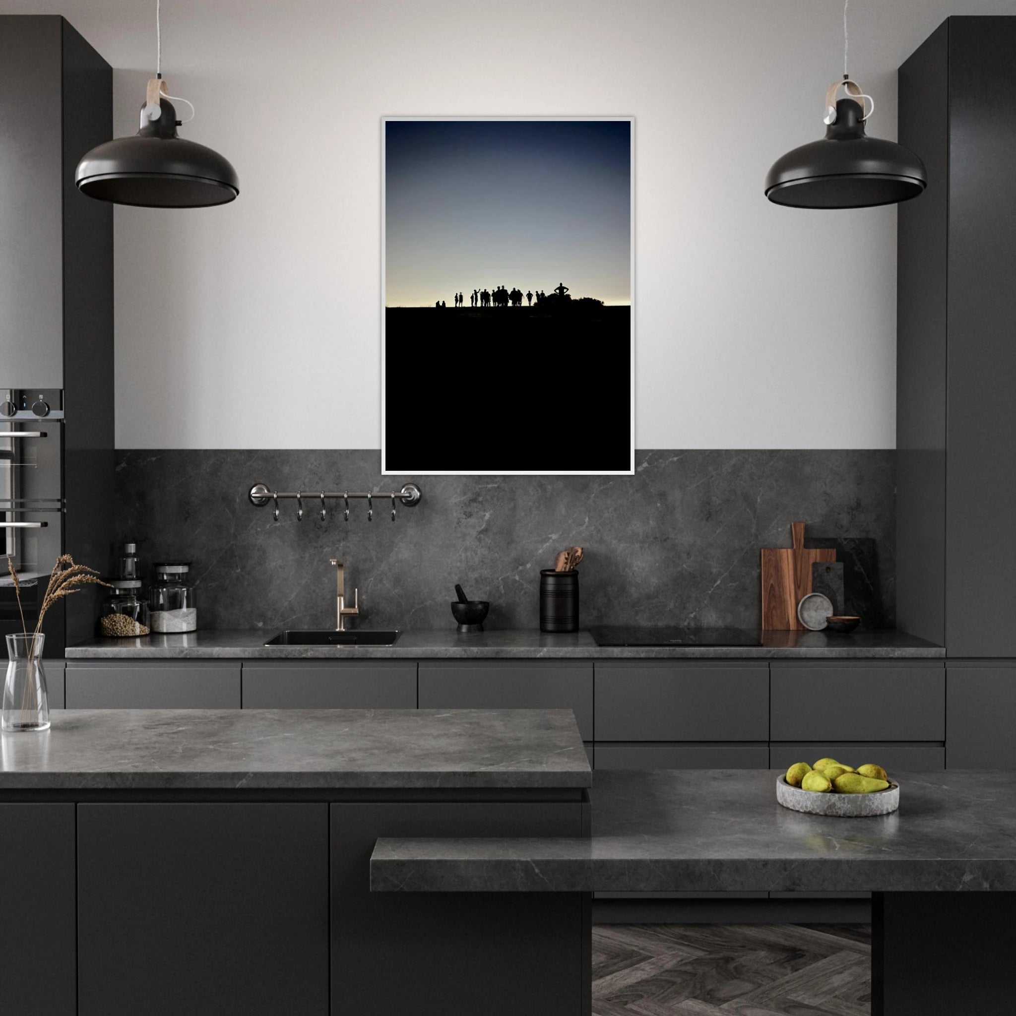 Black and white framed poster of Hollywood Hills with city lights, part of My Store's Summer Hike California art series.