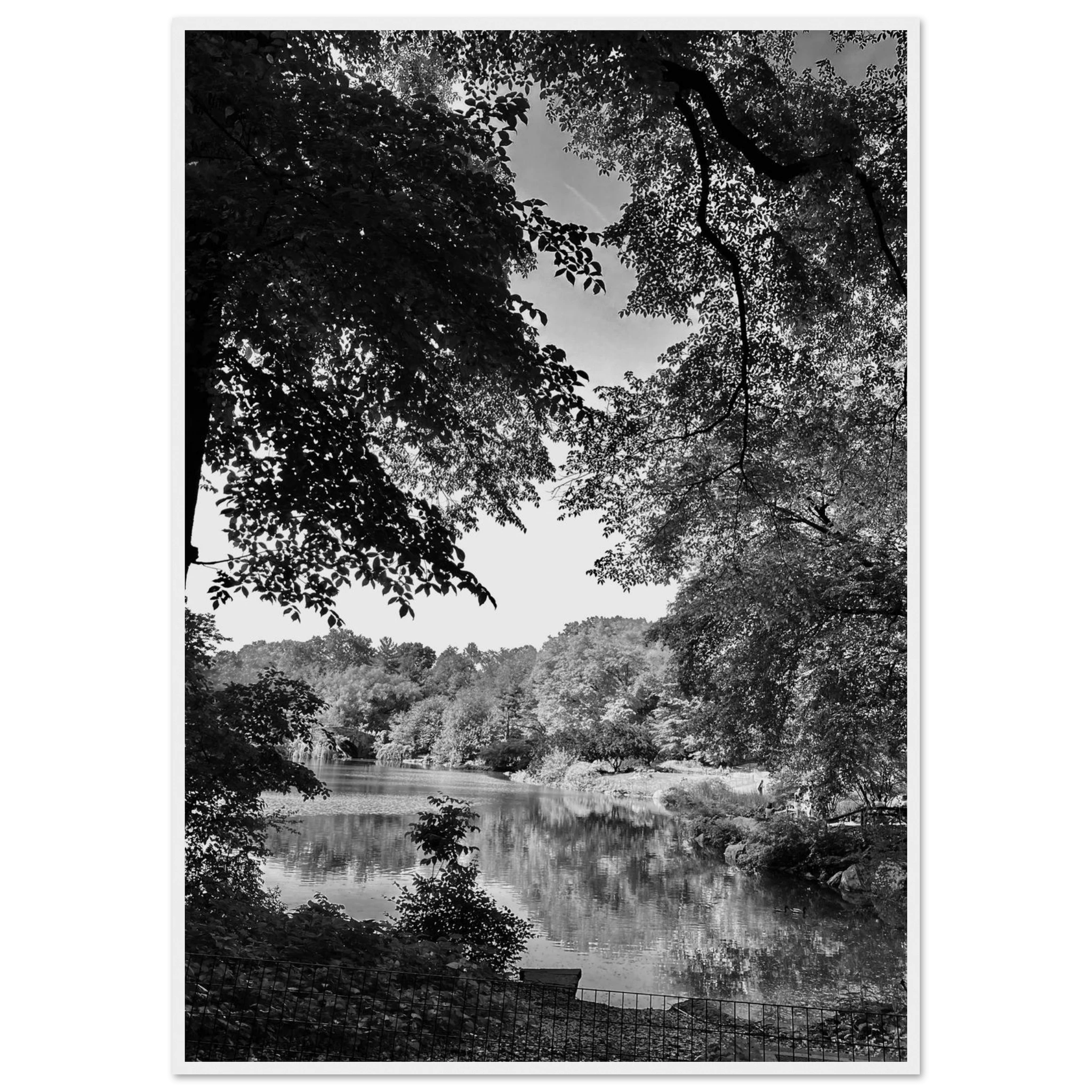 Black and white framed poster of Upstate NY summer lake scene from the My Store travel collection, Studio Edition, perfect for home decor.