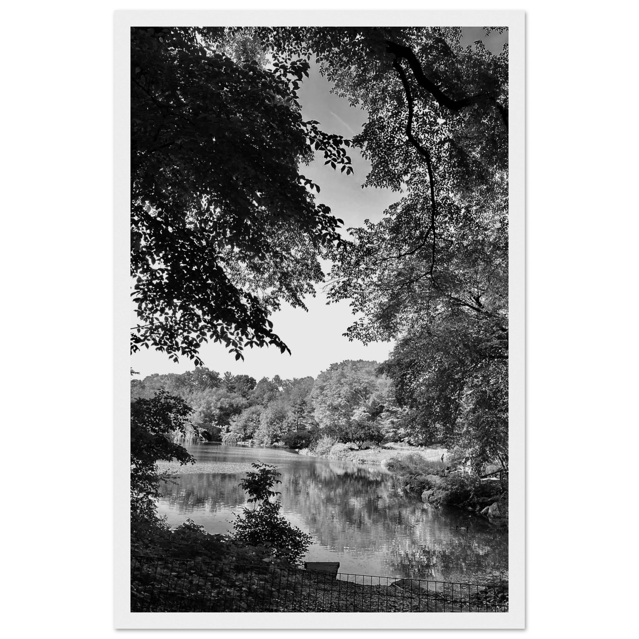 Black and white framed poster of a summer lake scene in Upstate NY from the My Store travel collection, studio edition.