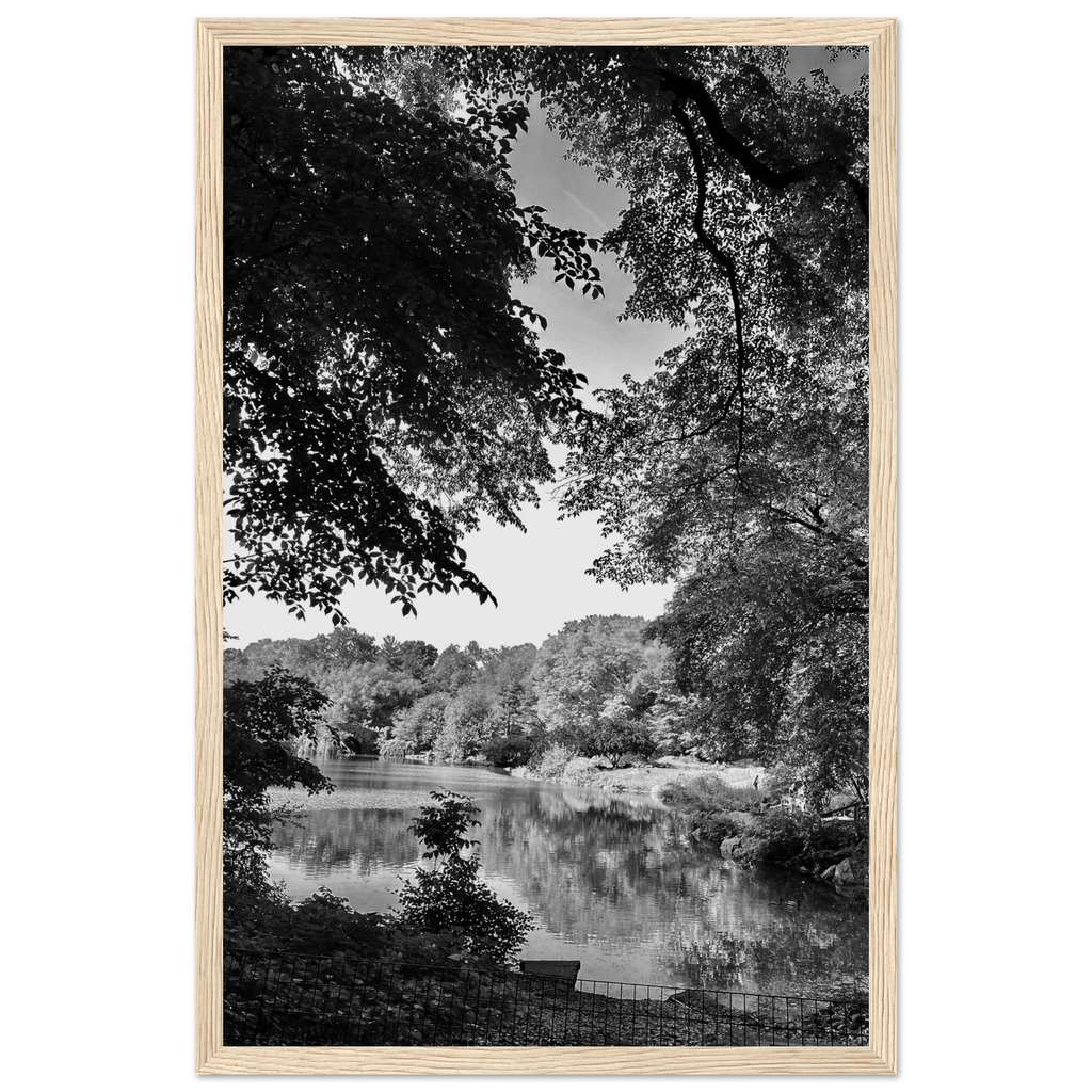 Black and white framed print of Upstate NY summer lake scene from the Travel Collection by My Store, studio edition holiday 25.