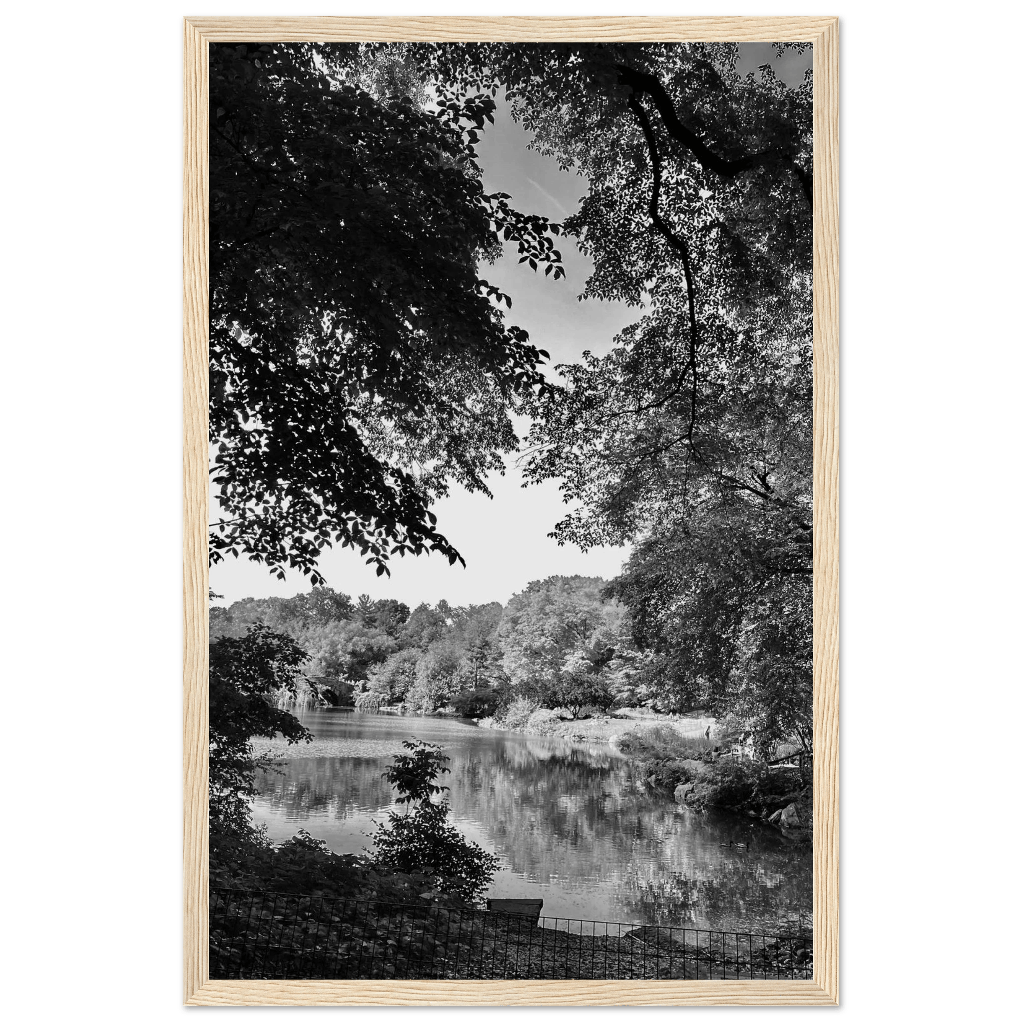 Black and white framed print of Upstate NY summer lake scene from the Travel Collection by My Store, studio edition holiday 25.