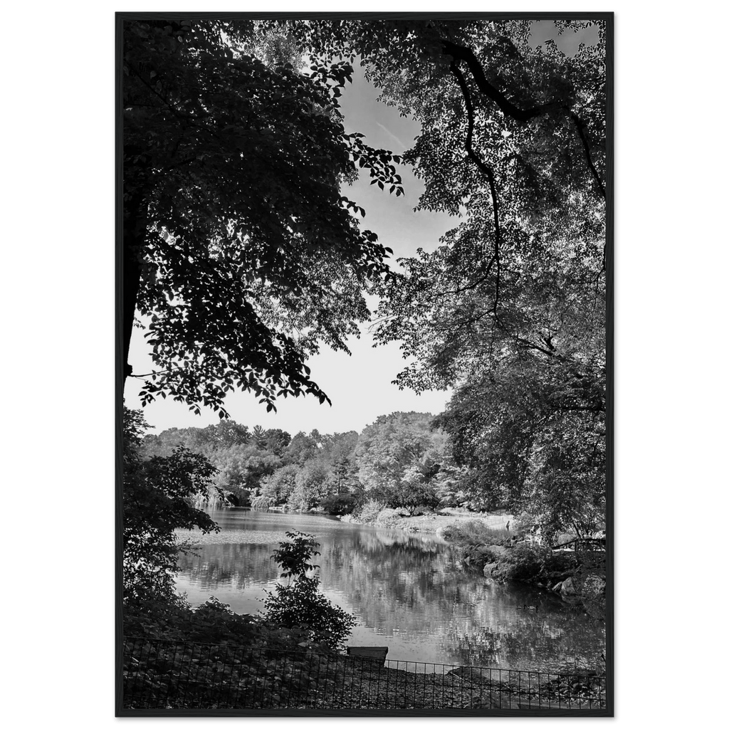 Black and white framed poster of Upstate NY summer lake scene from the My Store travel collection, studio edition, ideal for home decor.