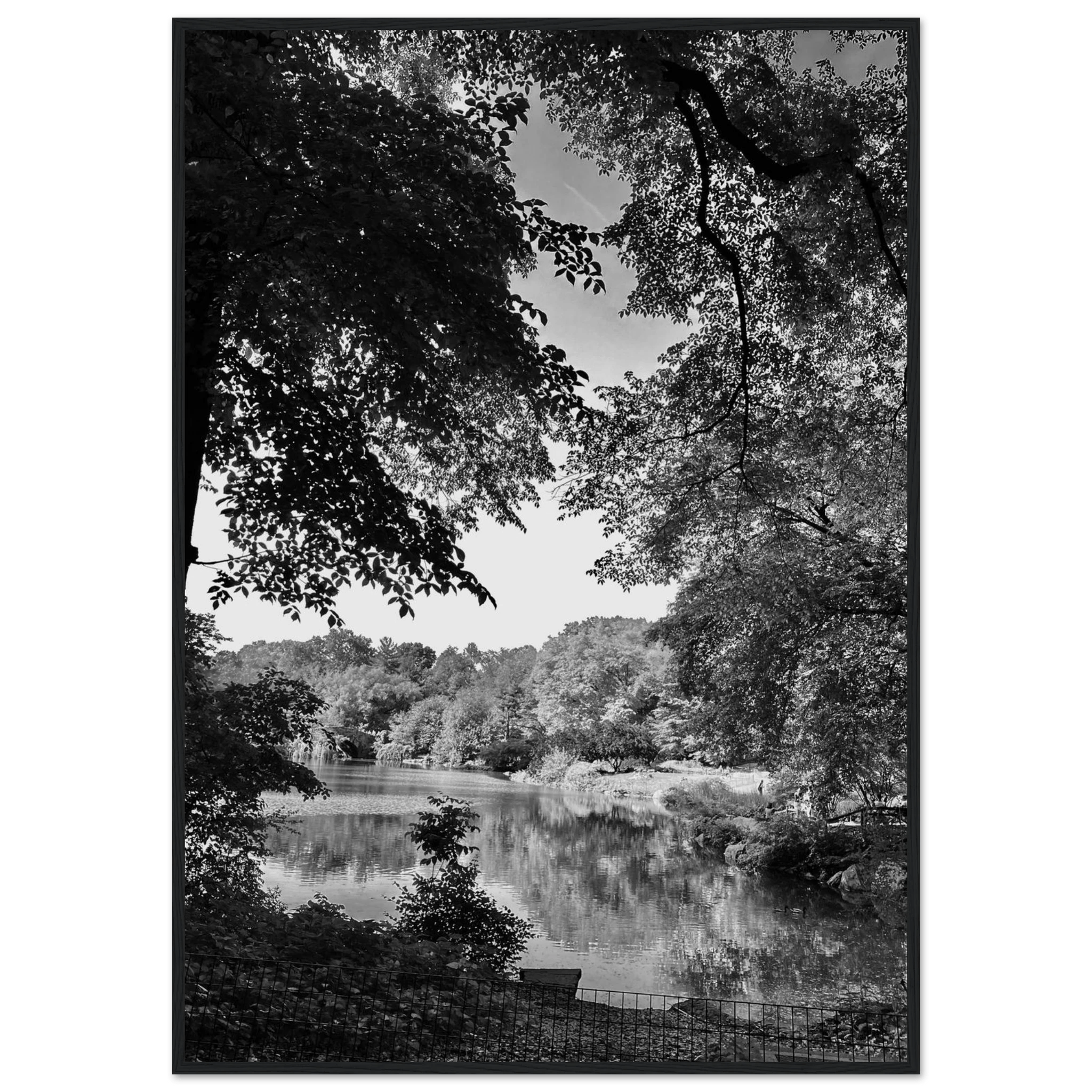 Black and white framed poster of Upstate NY summer lake scene from the My Store travel collection, studio edition, ideal for home decor.