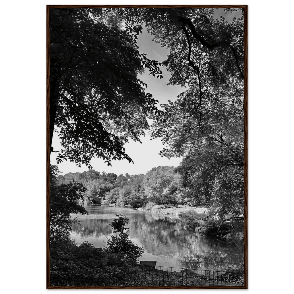 Black and white framed print of Upstate NY summer lake scene from My Store's travel collection, studio edition, holiday series.