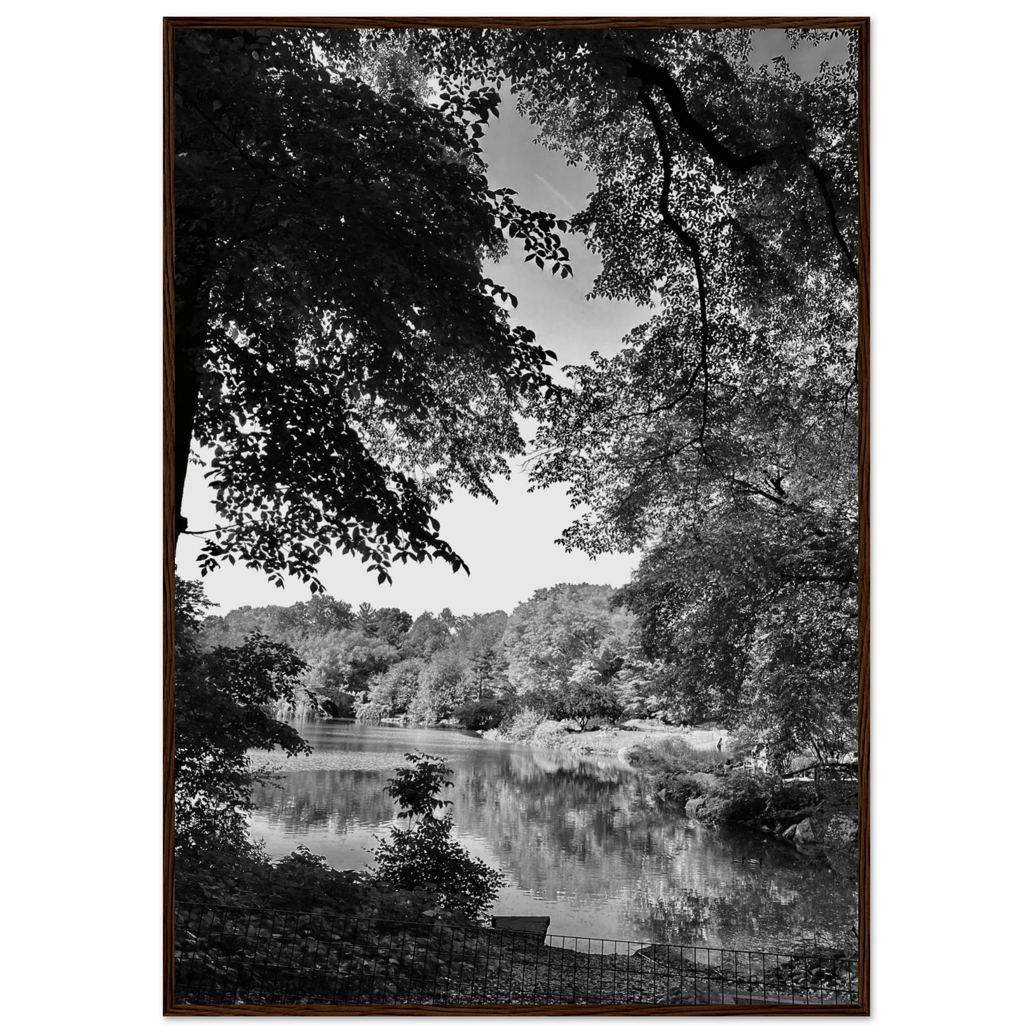 Black and white framed print of Upstate NY summer lake scene from My Store's travel collection, studio edition, holiday series.