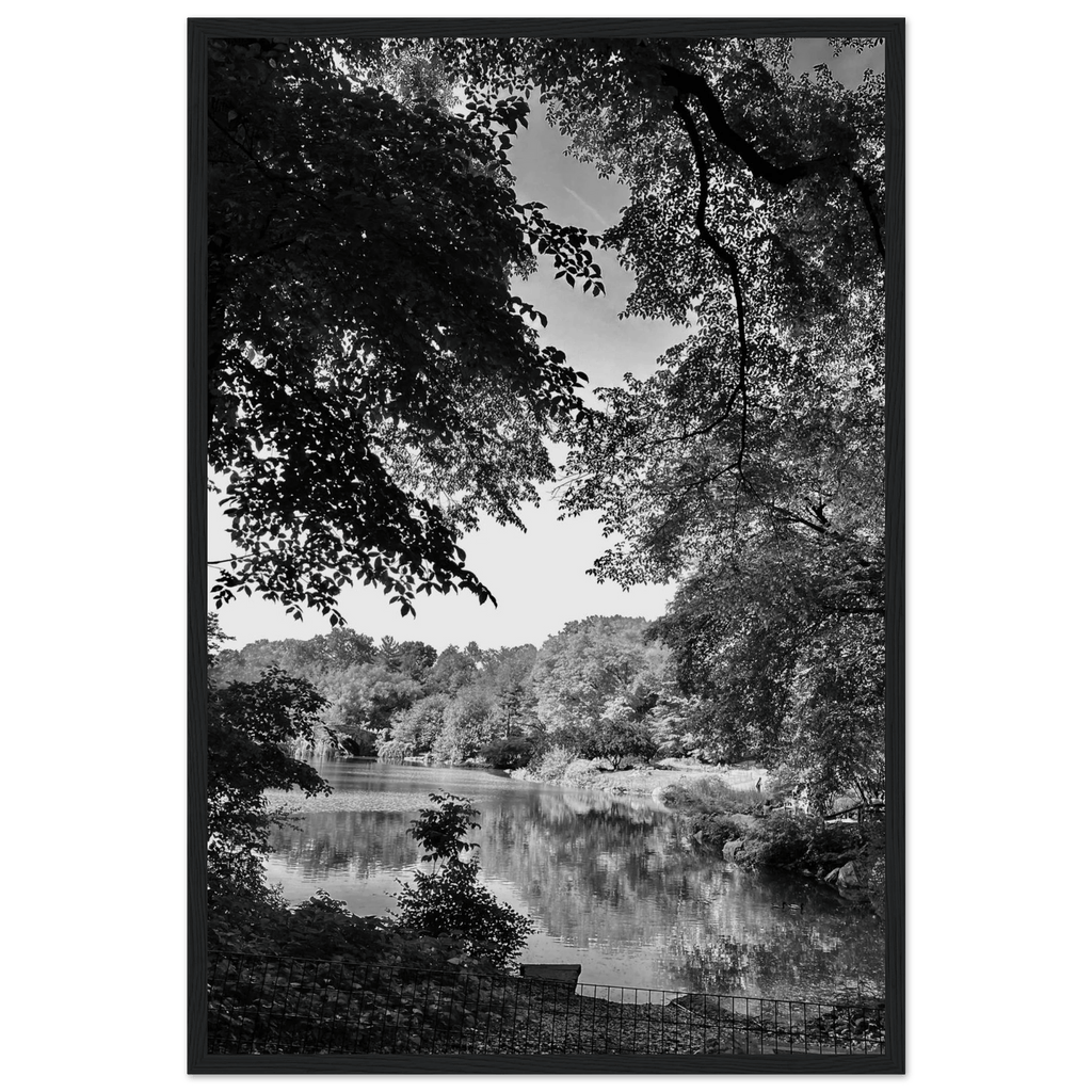 Black and white framed print of Upstate NY summer lake scene from the Travel Collection, Studio Edition, perfect for home decor.