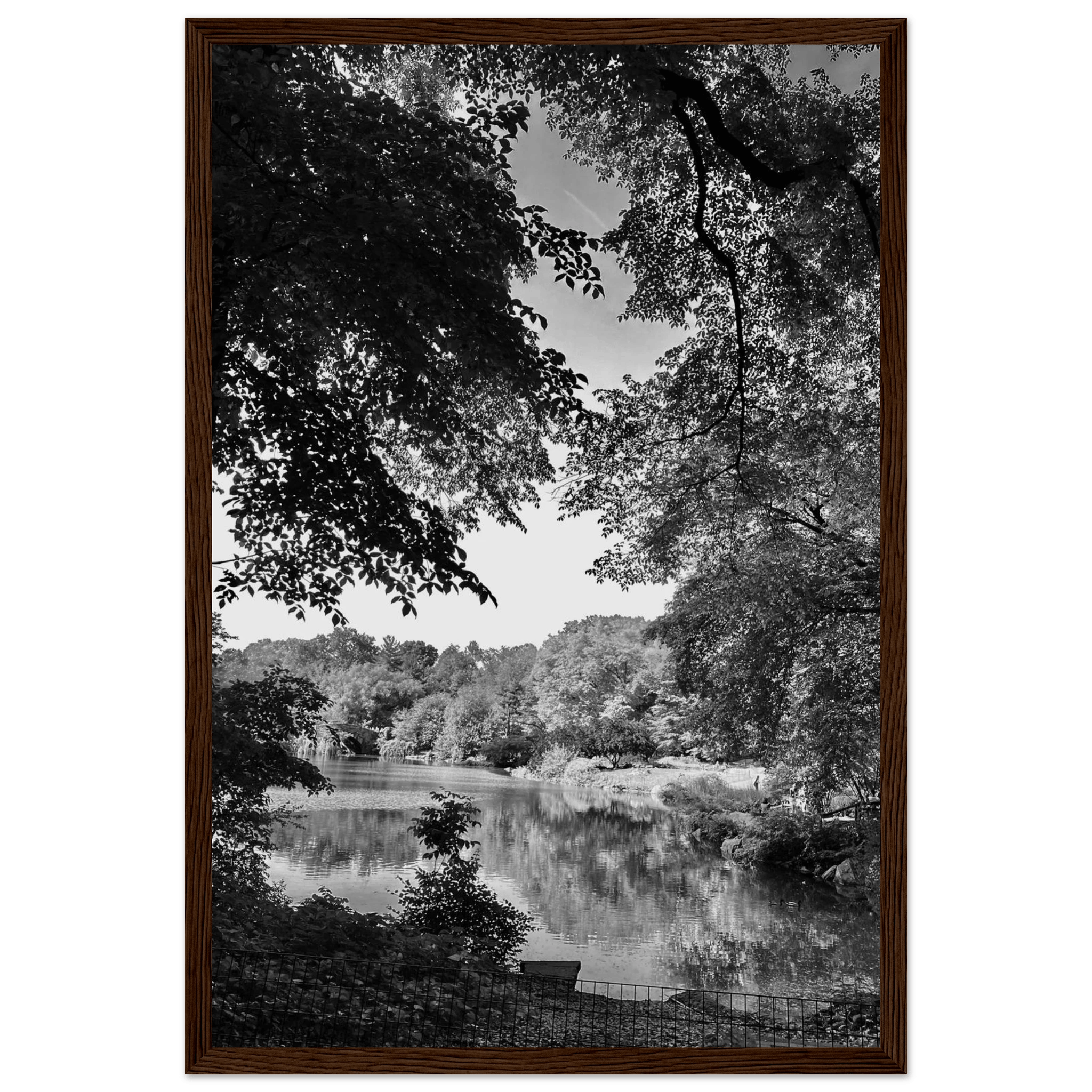 Black and white framed print of a summer lake scene from Upstate NY, part of the Studio Edition Travel Collection.