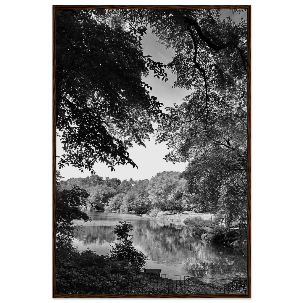 Black and white framed print of a summer lake in Upstate NY from the Studio Edition Travel Collection, titled "Endless Warmth."