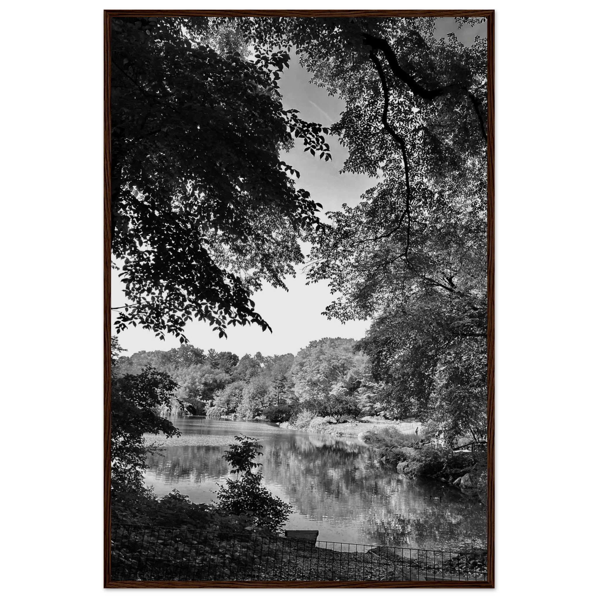 Black and white framed print of a summer lake in Upstate NY from the Studio Edition Travel Collection, titled "Endless Warmth."