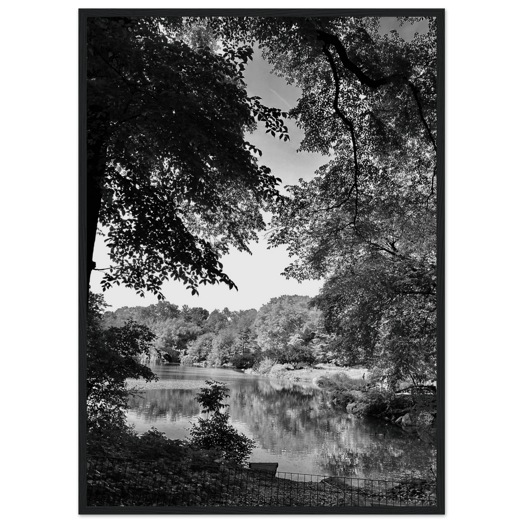 Black and white framed print of a summer lake in Upstate NY from the My Store travel collection, Studio Edition, holiday-themed artwork.