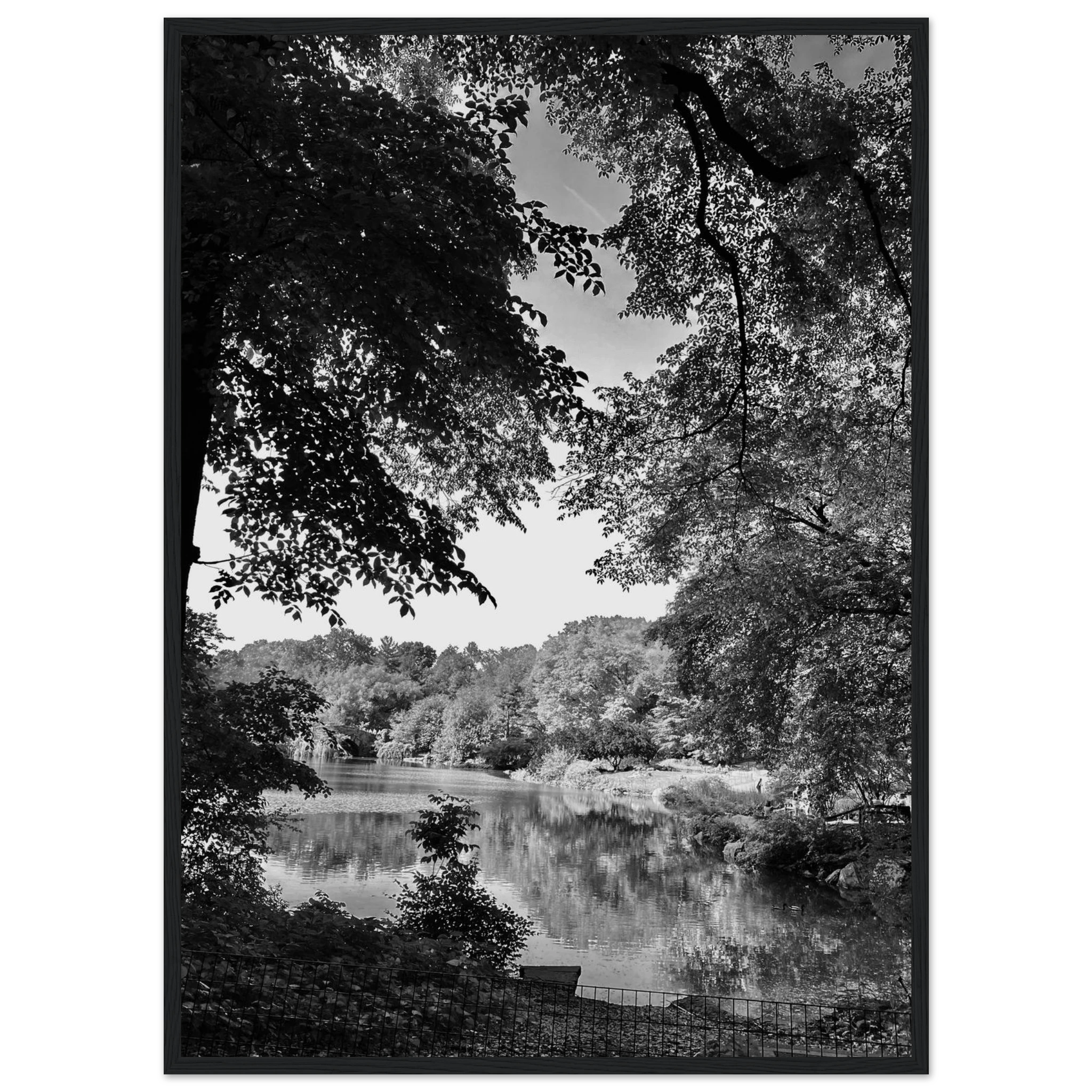 Black and white framed print of a summer lake in Upstate NY from the My Store travel collection, Studio Edition, holiday-themed artwork.