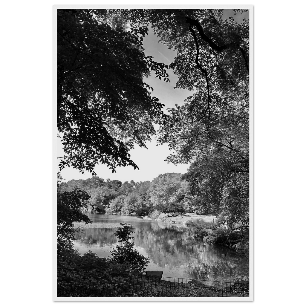 Black and white framed poster of a summer lake scene from Upstate NY, part of the Studio Edition Travel Collection.
