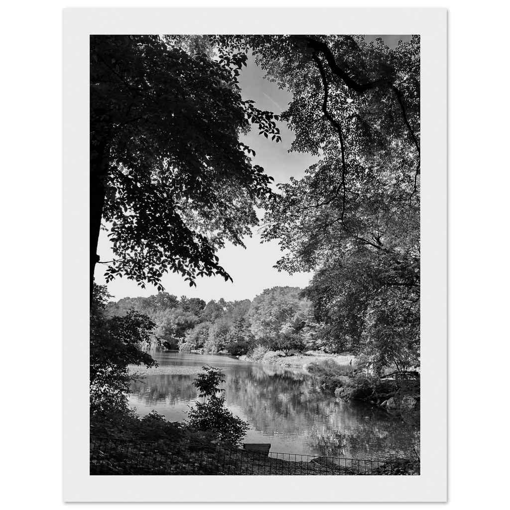 Black and white framed print of Upstate NY summer lake scene from the Travel Collection, Studio Edition, featuring serene water and landscape.