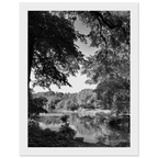 Black and white framed print of Upstate NY summer lake scene from the Travel Collection, Studio Edition, featuring serene water and landscape.