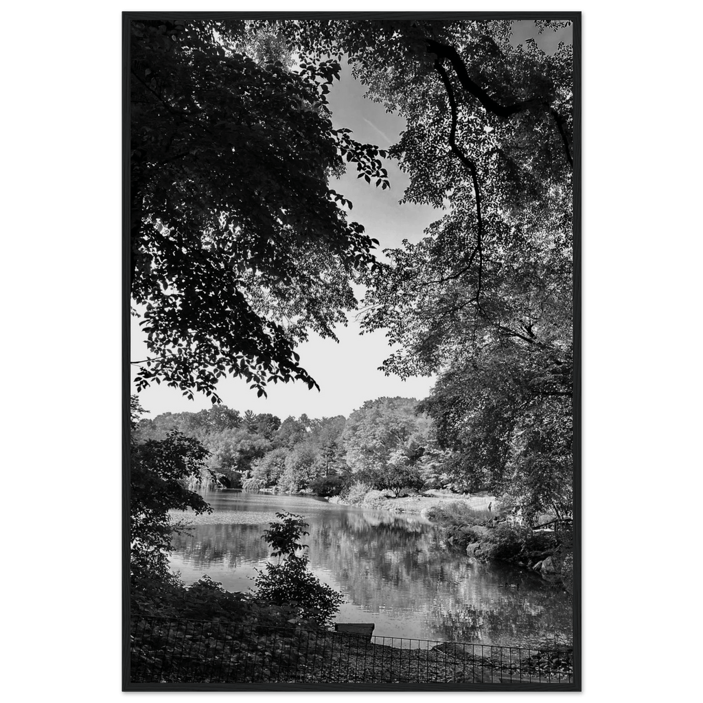 Black and white framed print of Upstate NY summer lake scene from the My Store travel collection, studio edition holiday series.