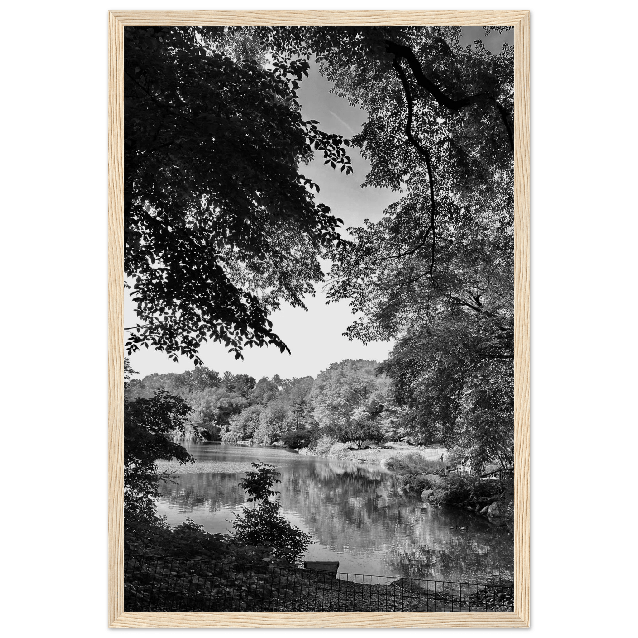 Black and white framed print of Upstate NY summer lake scene from the My Store Travel Collection, Studio Edition, ideal for home decor.