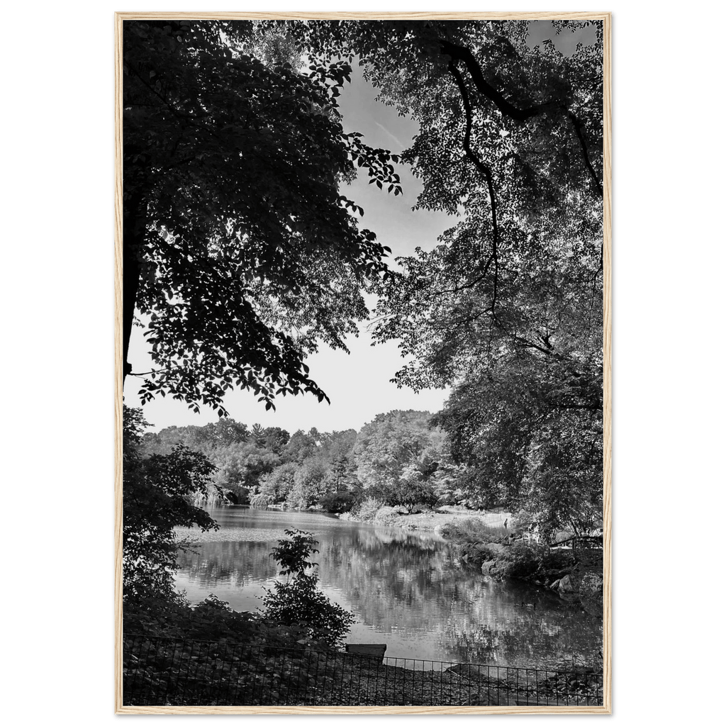 Black and white framed print of Upstate NY summer lake scene from the Travel Collection Studio Edition, perfect for home decor.