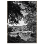 Black and white framed print of Upstate NY summer lake scene from the Travel Collection Studio Edition, perfect for home decor.