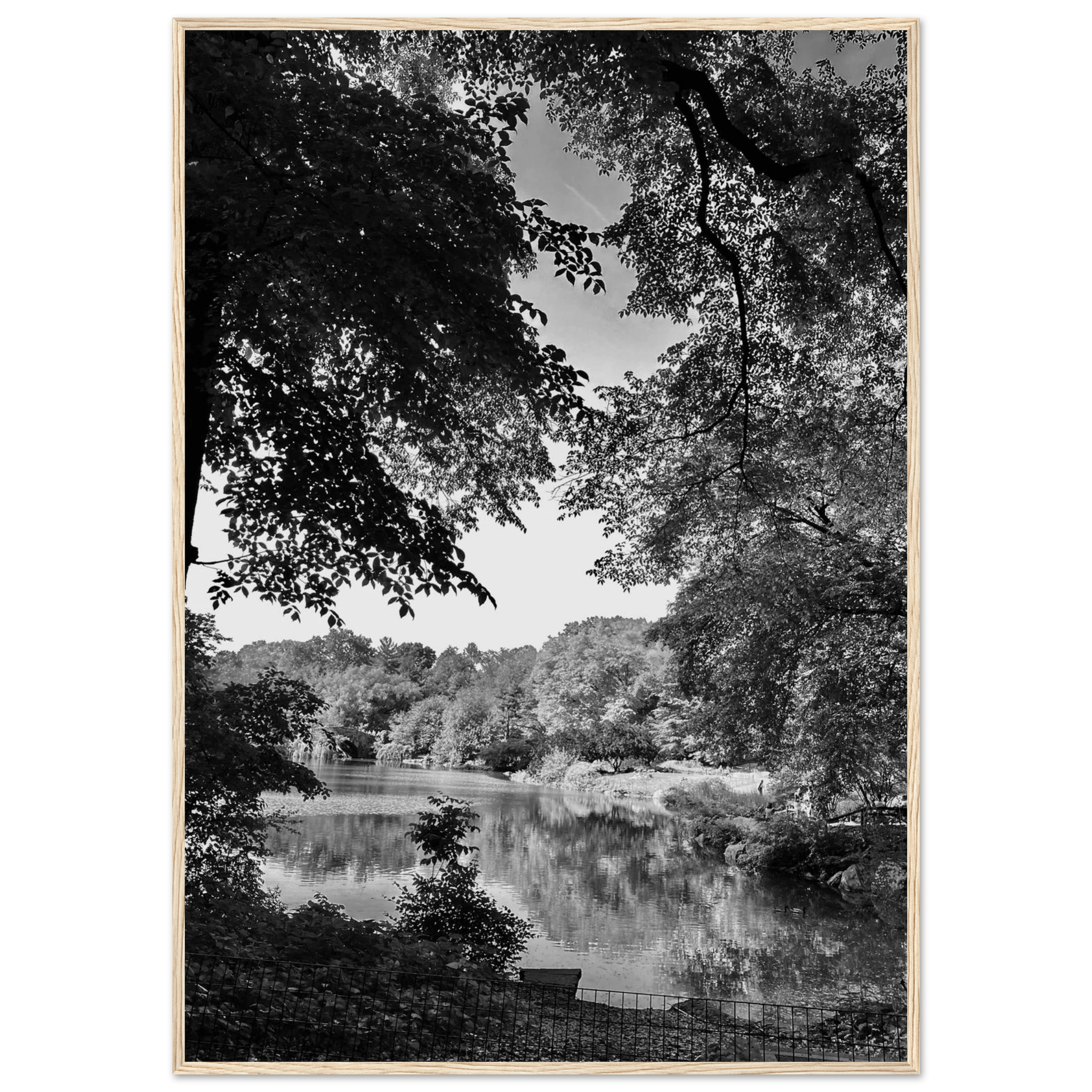 Black and white framed print of Upstate NY summer lake scene from the Travel Collection Studio Edition, perfect for home decor.