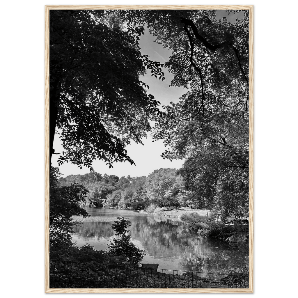 Black and white framed poster of a summer lake in Upstate NY from the My Store travel collection, Studio Edition, Holiday 25 series.
