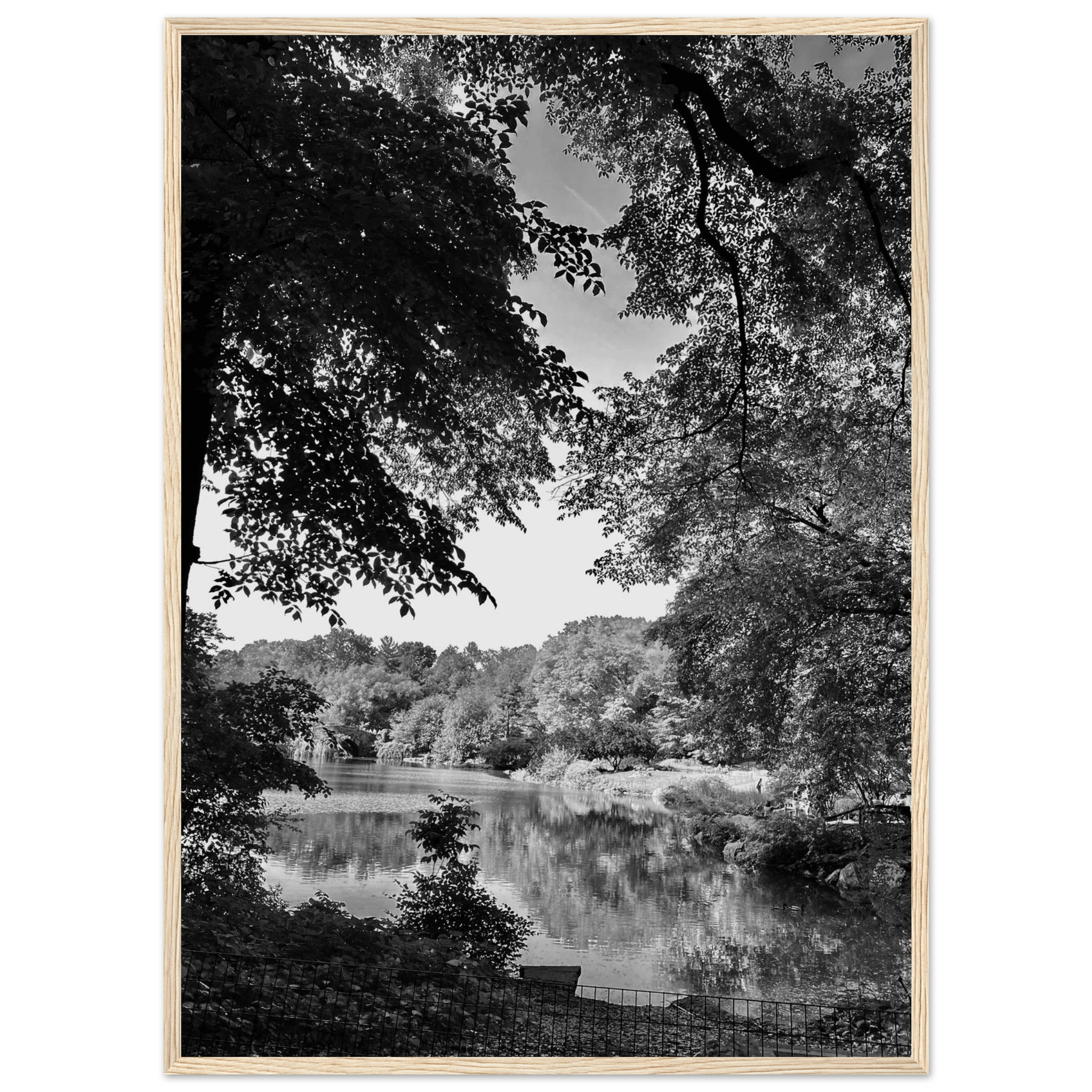 Black and white framed poster of a summer lake in Upstate NY from the My Store travel collection, Studio Edition, Holiday 25 series.