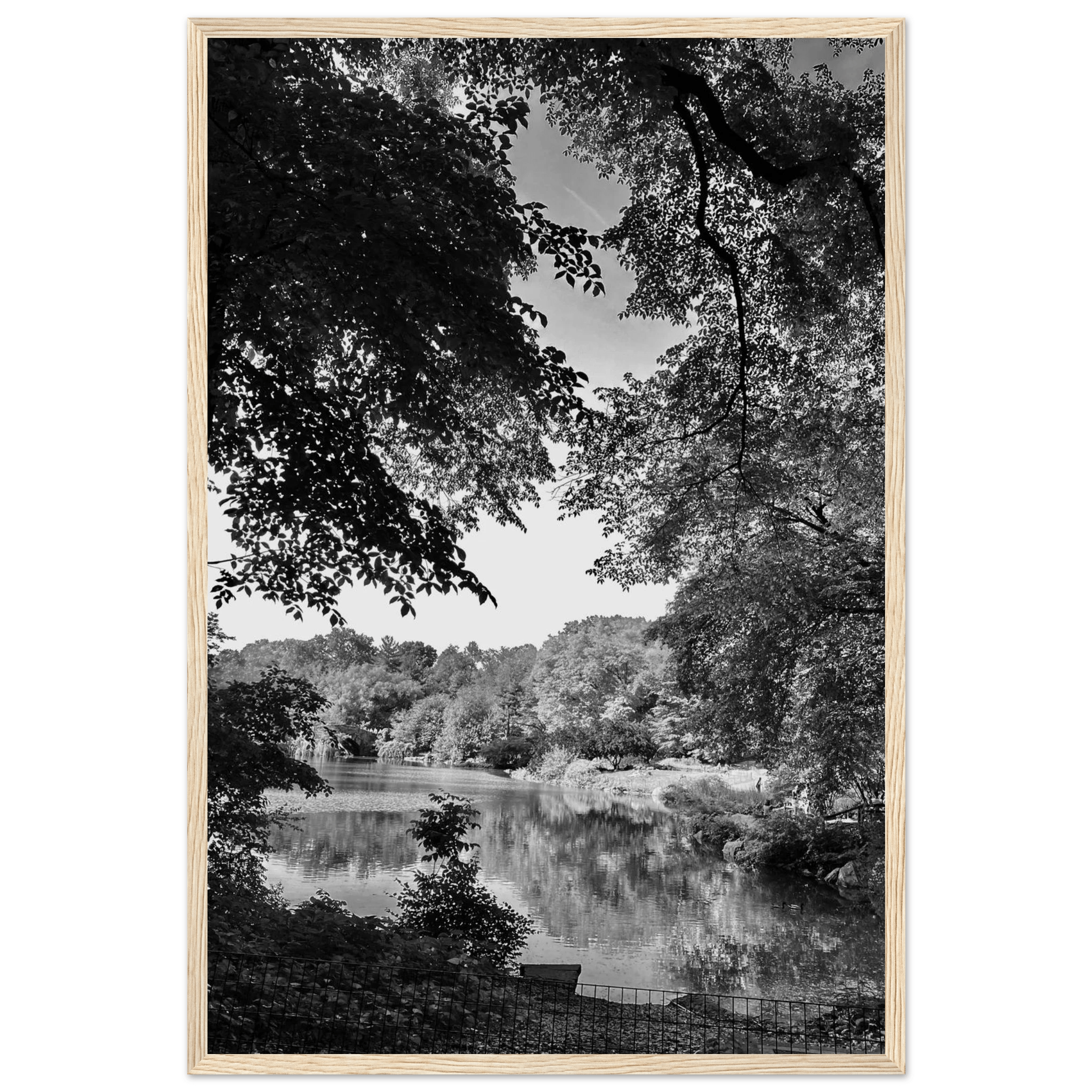 Black and white framed print of a summer lake in Upstate NY, part of the My Store Travel Collection Studio Edition.