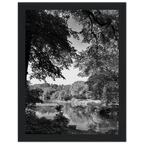 Black and white framed poster of Upstate NY summer lake scene from the Travel Collection, Studio Edition, featuring tranquil water and trees.