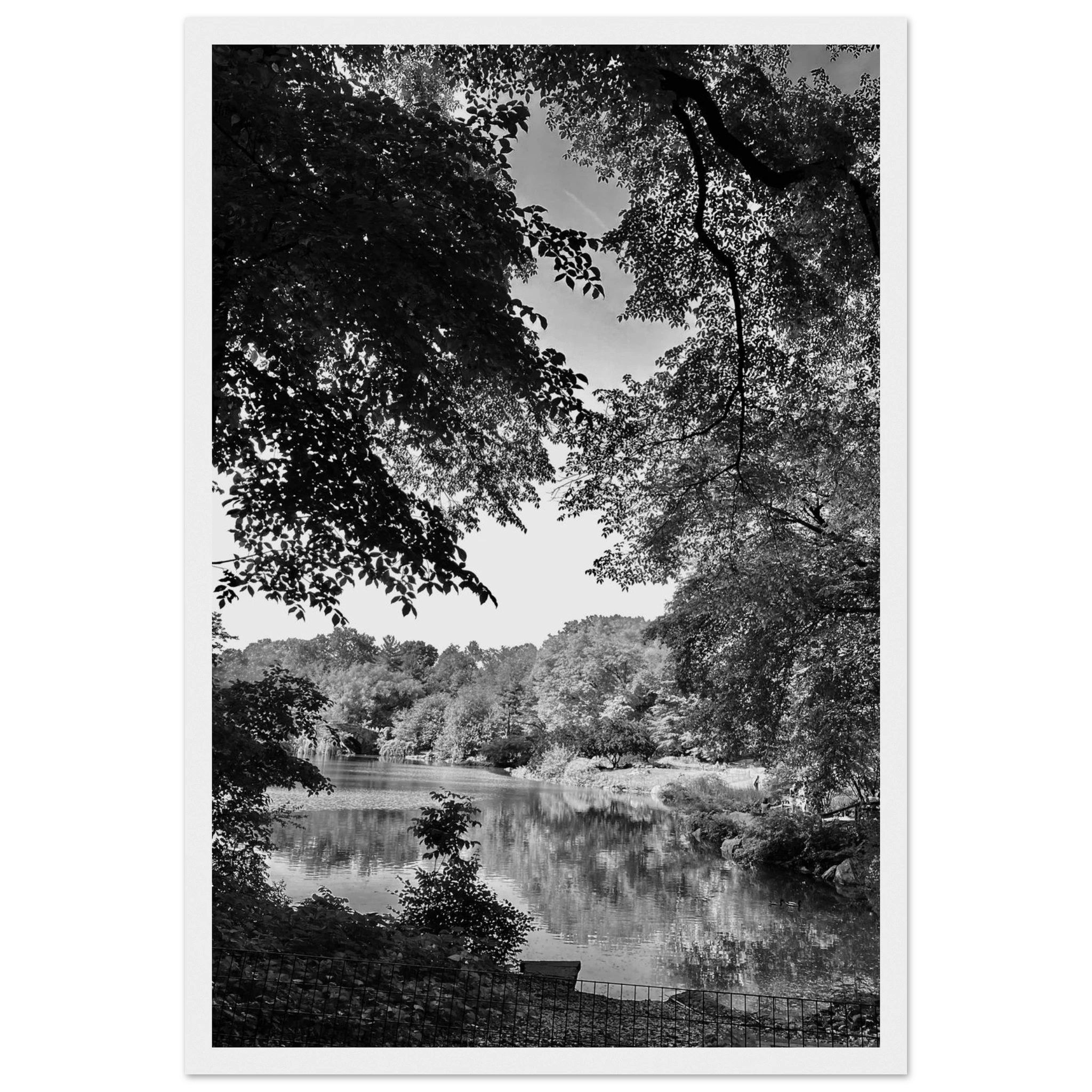 Black and white framed poster of an Upstate NY summer lake scene from the My Store travel collection, studio edition.