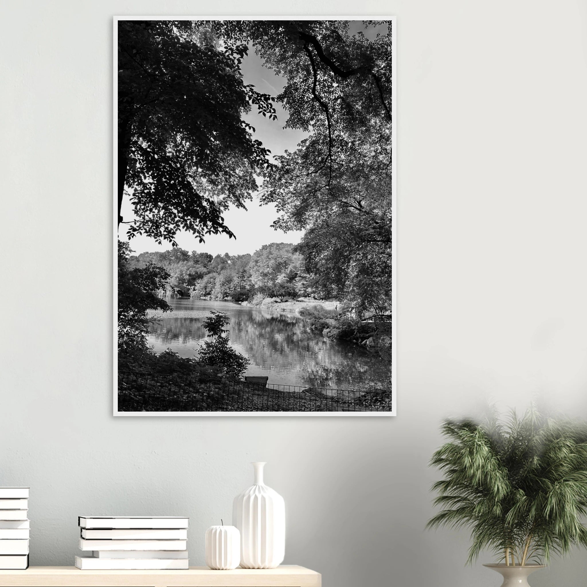 Black and white framed print of Upstate NY summer lake scene from My Store's travel collection, Studio Edition.