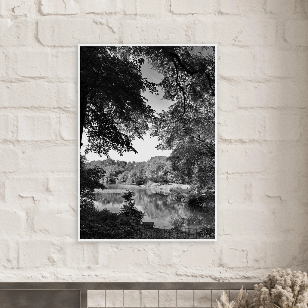 Black and white framed poster of a summer lake in Upstate New York, part of the My Store travel collection, studio edition.