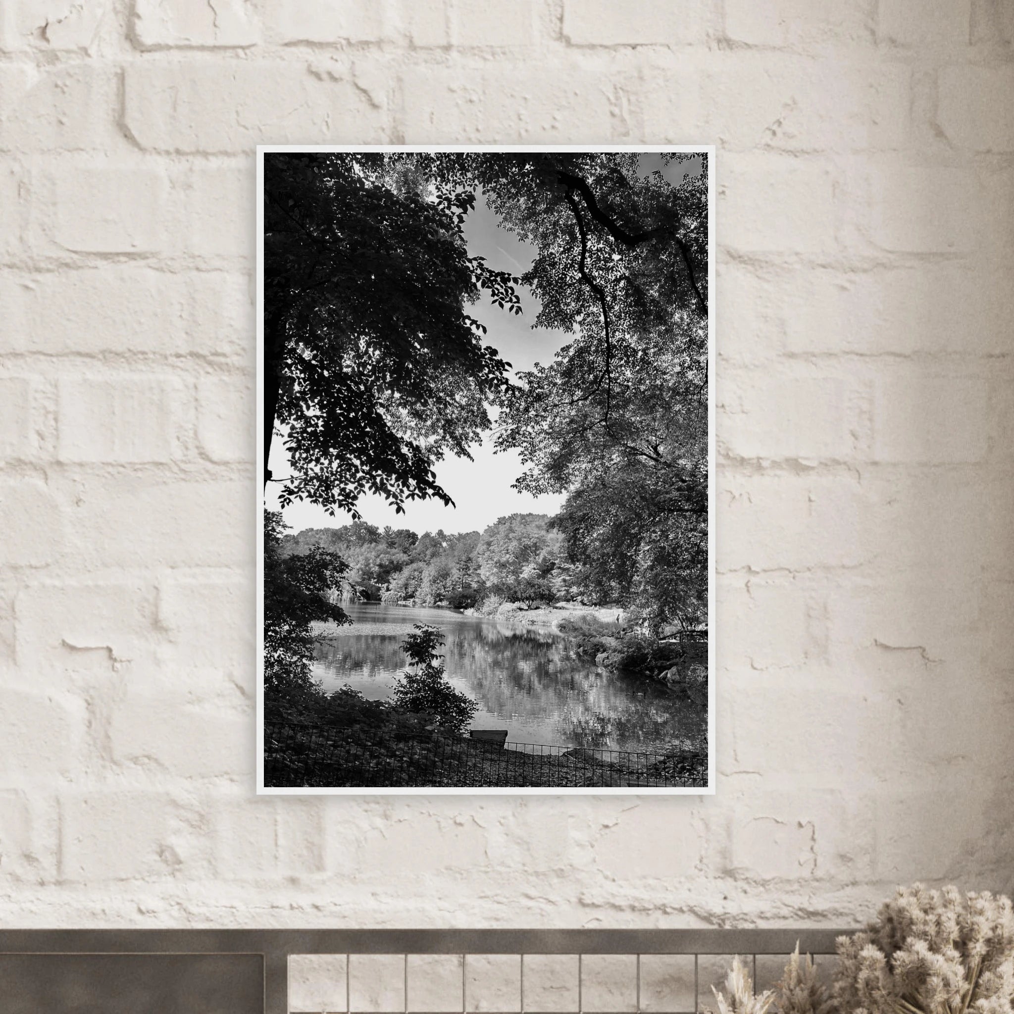 Black and white framed poster of a summer lake in Upstate New York, part of the My Store travel collection, studio edition.