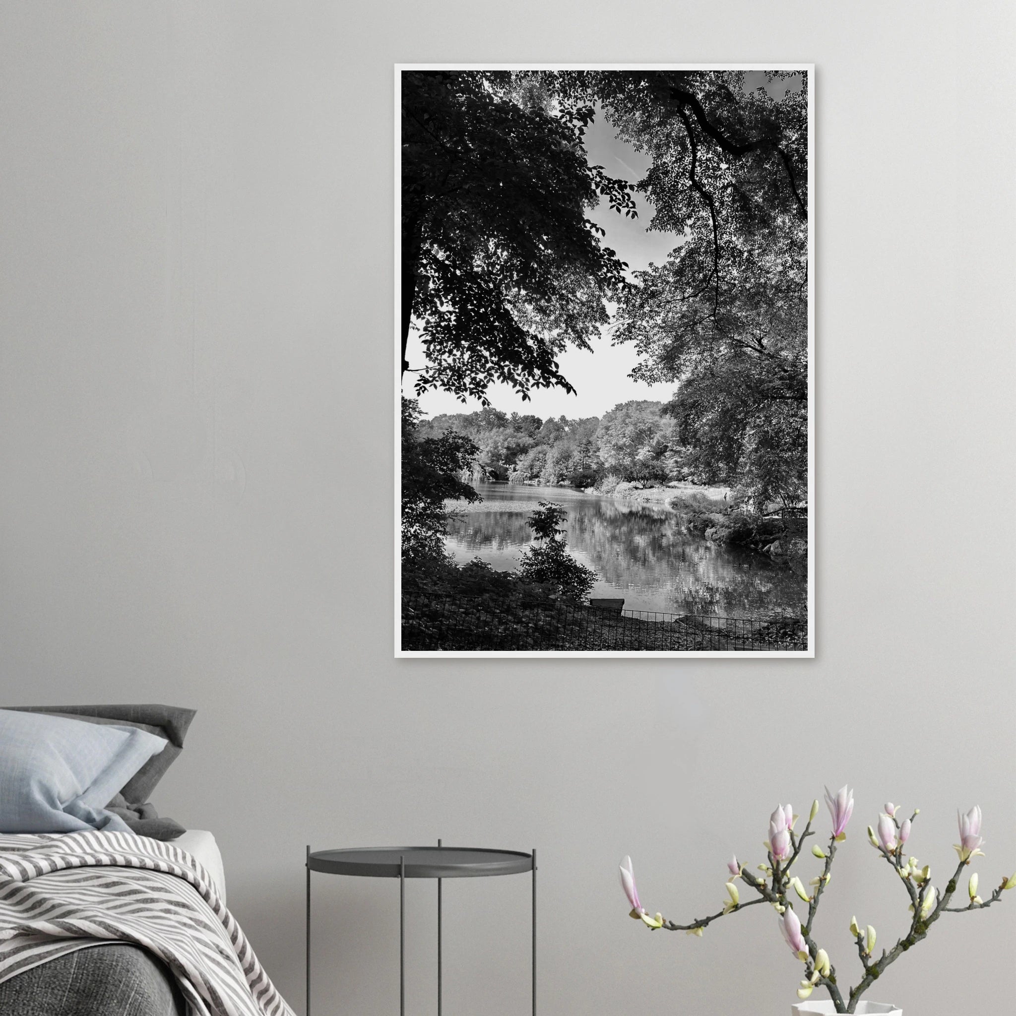Black and white framed print of Upstate NY summer lake scene from the Travel Collection by My Store, studio edition, perfect for home decor.