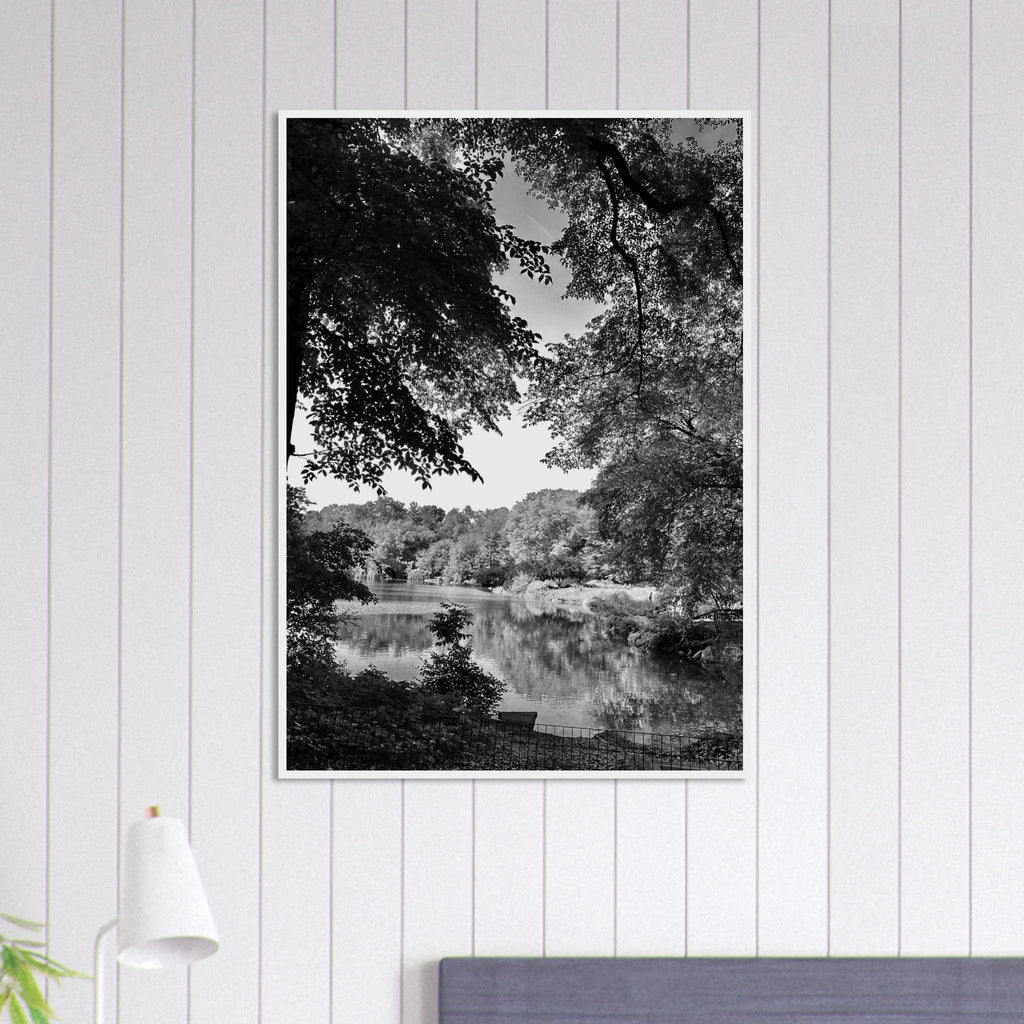 Black and white framed print of a summer lake scene in Upstate NY, part of the Studio Edition Travel Collection by My Store.