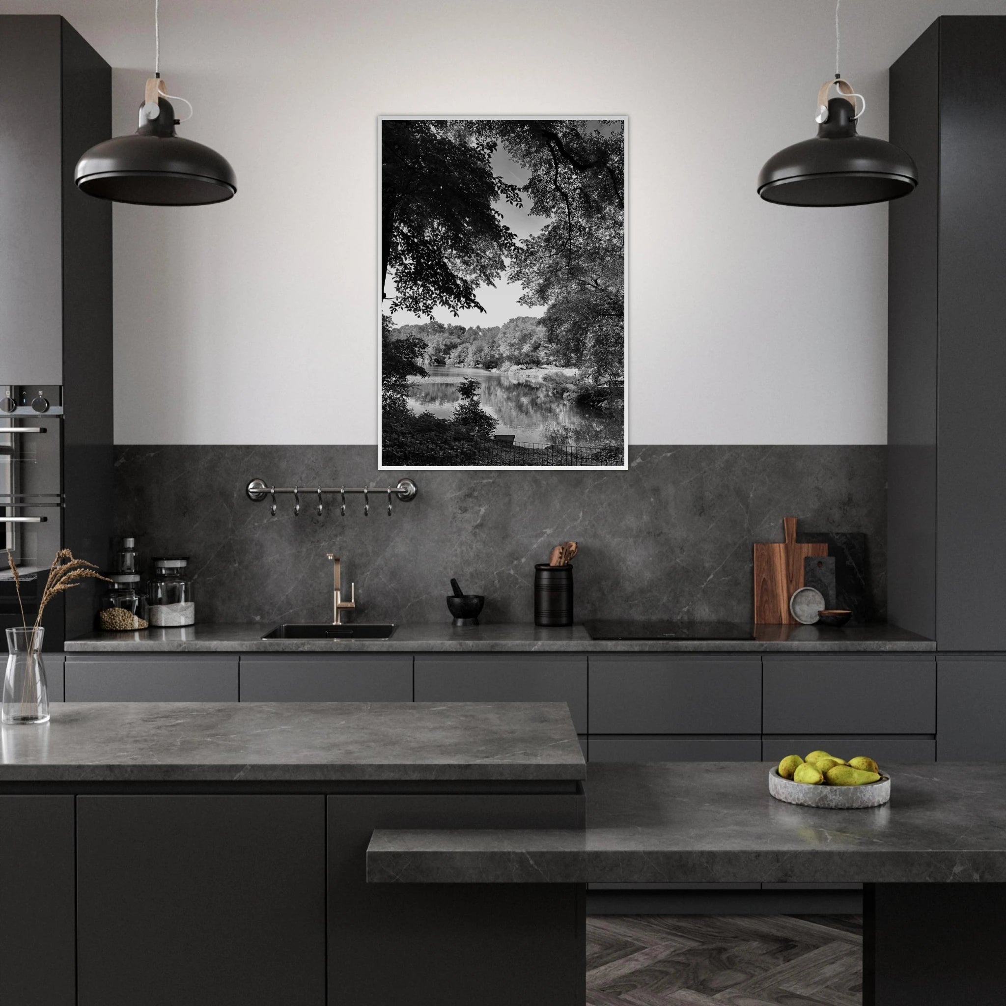 Black and white framed poster of a summer lake in Upstate NY, part of the Studio Edition Travel Collection, perfect for home decor.