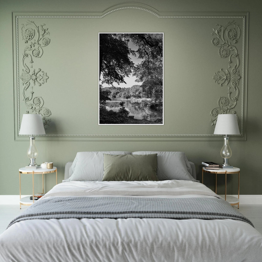 Black and white framed poster of Upstate NY summer lake scene from the My Store Travel Collection, Studio Edition, ideal for home decor.