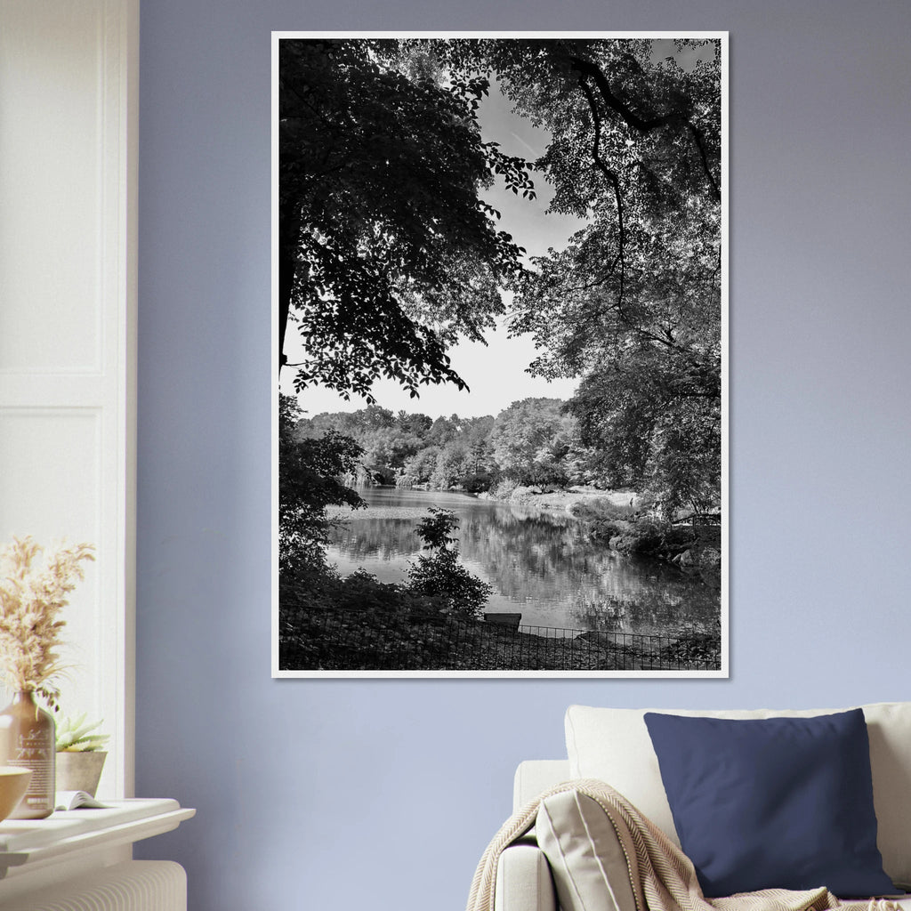 Black and white framed print of a summer lake scene in Upstate NY from the My Store Travel Collection Studio Edition.