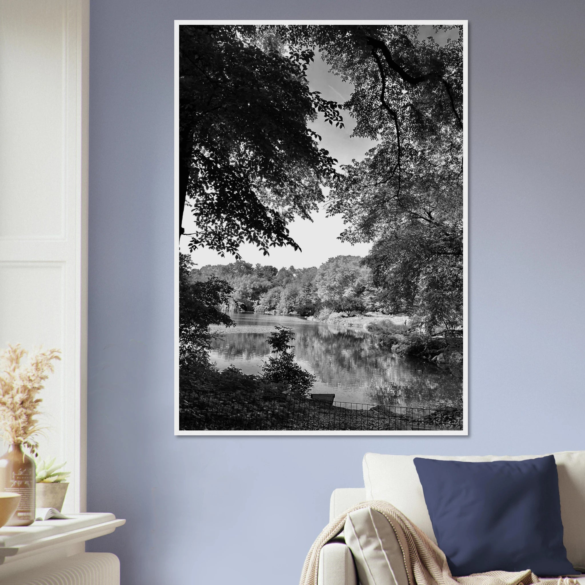 Black and white framed print of a summer lake scene in Upstate NY from the My Store Travel Collection Studio Edition.
